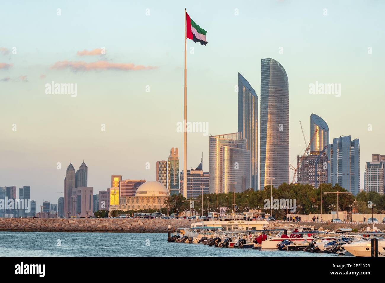Abu Dhabi cityscape at sunset, UAE Stock Photo