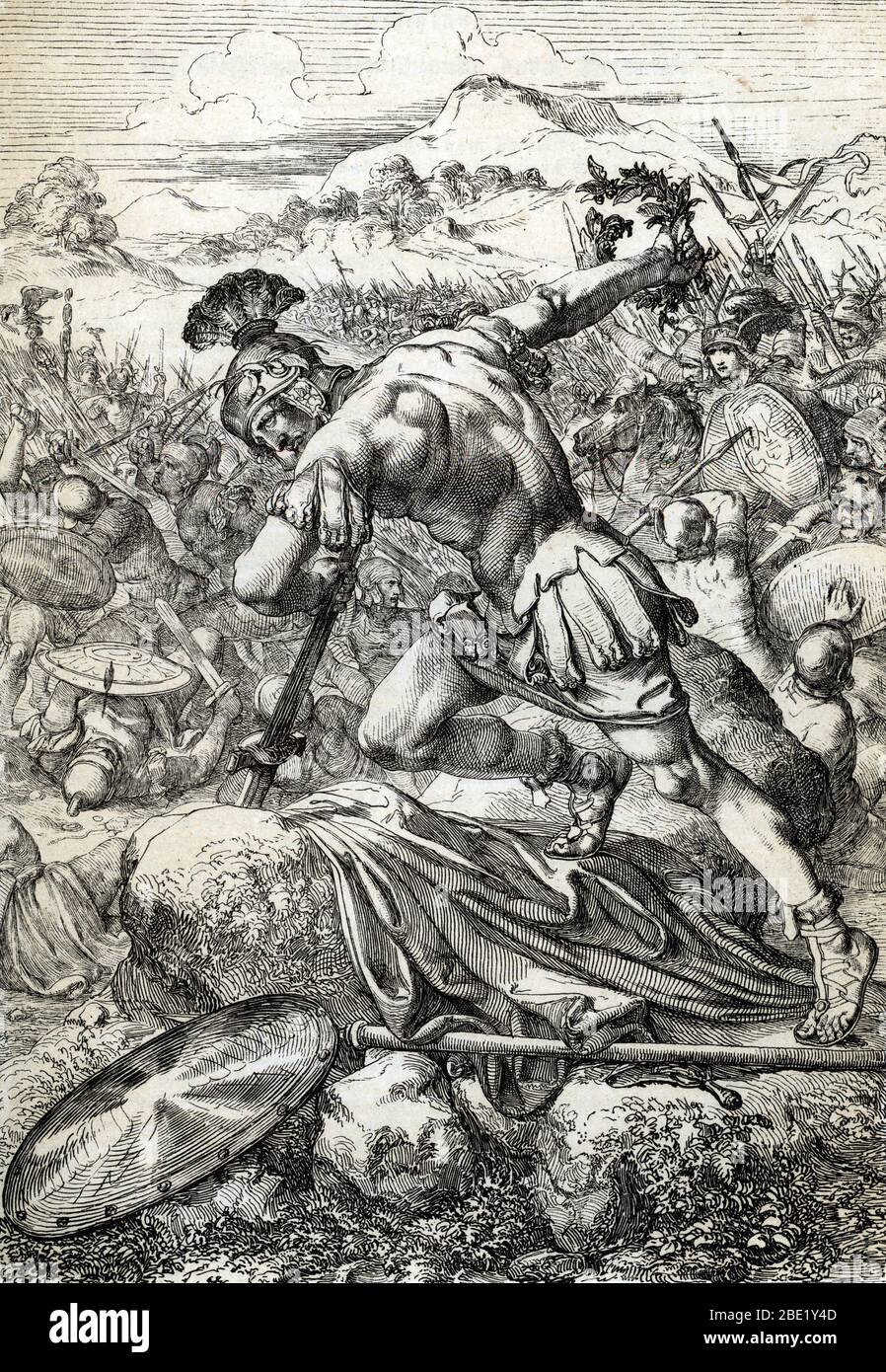 'Le suicide du general romain Varus (Publius Quinctilius Varus) (46 avant JC-9 apres JC) sur son epee lors de la Bataille de Teutobourg (Teutoburger W Stock Photo