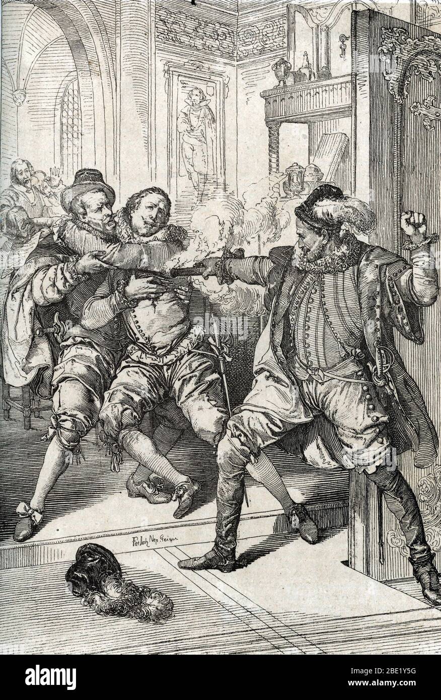 Guerre de Quatre Vingts Ans (1568-1648) : 'L'assassinat de Guillaume d'orange dit Guillaume le Taciturne (1533-1584) le 10/07/1584 par Balthazar Gerar Stock Photo