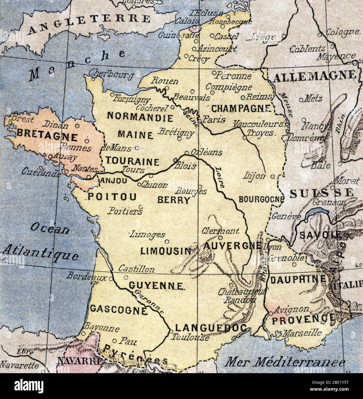 Carte de France pendant la Guerre de Cent ans (1337-1453) (Map of France at the times of the Hundred Years' War, 1337 -  1453) From a history book, 19 Stock Photo