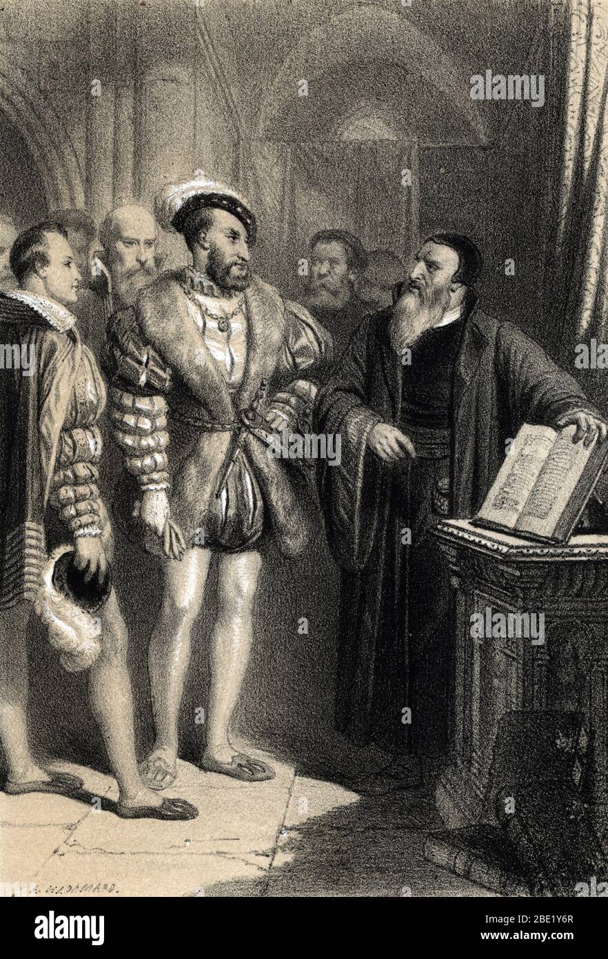 'Le roi de France Francois Ier (1494-1547), protecteur des arts et des lettres, visitant les ateliers des imprimeurs Estienne (Robert Estienne), vers Stock Photo