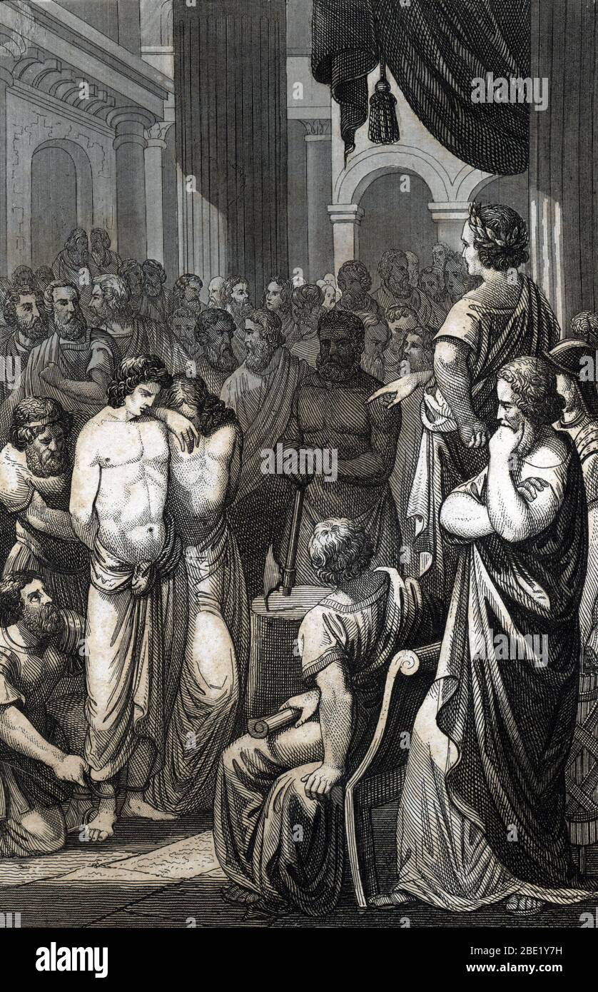 Titus et Tiberius, fils de Brutus (Lucius Junius Brutus) fondateur de la republique romaine sont arretes pour avoir complote contre leur pere avec Tar Stock Photo