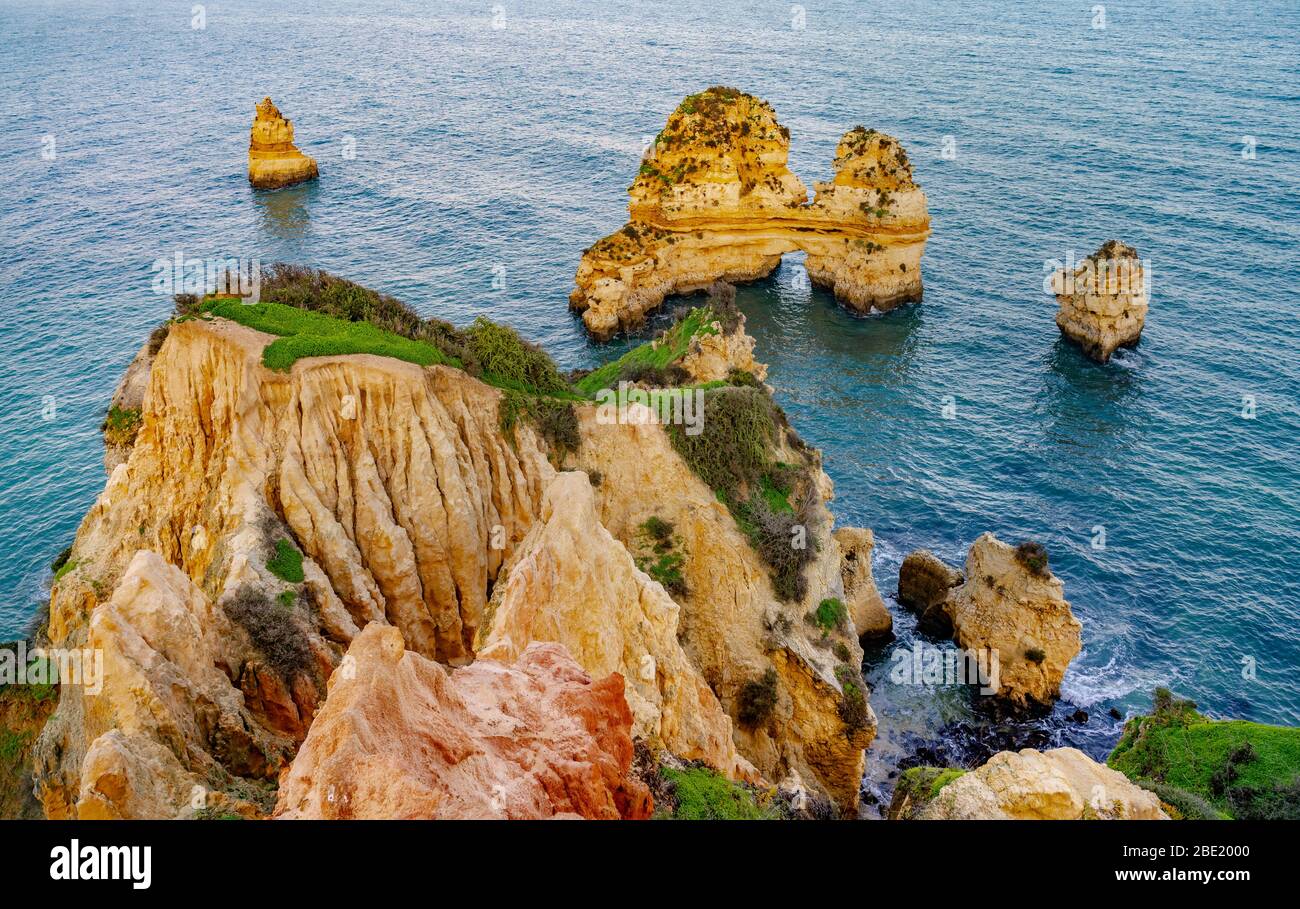 Aerial view of Ponta da Piedade in Lagos, Portugal. Cliff rocks and sea at Ponta da Piedade, Portugal. Stock Photo