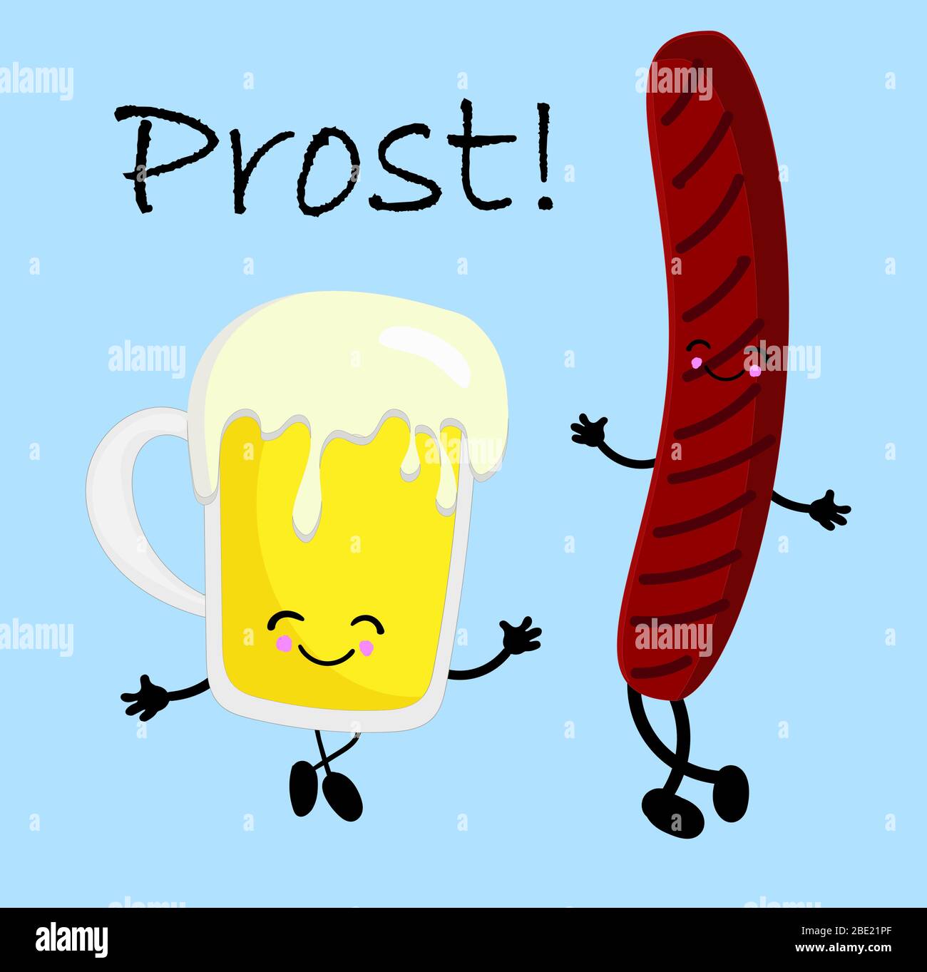 funny characters beer and sausage.translation from german hurray Stock