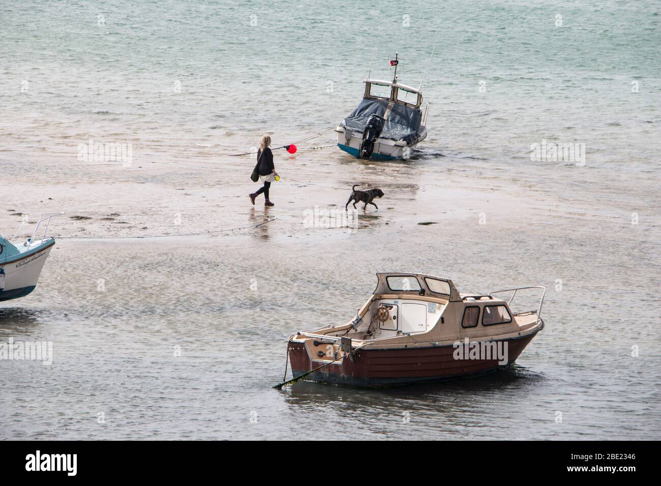 Woman walking a dog amongst boats on the beach, Margate Harbour, Kent, UK Stock Photo