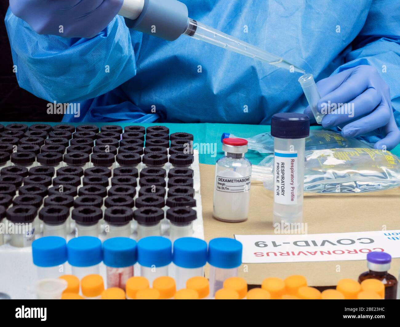 Scientist Investigates Medical Treatment for Covid-19 Coronavirus in Hospital, Spain Stock Photo