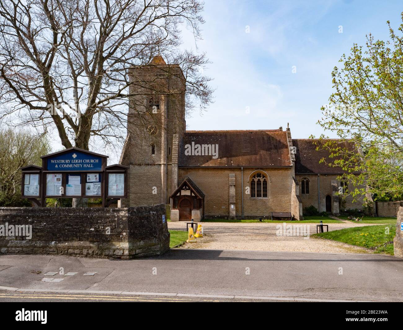 A deserted Westbury Leigh Church and Community Centre in spring sunshine during the COVID-19 lockdown. Stock Photo