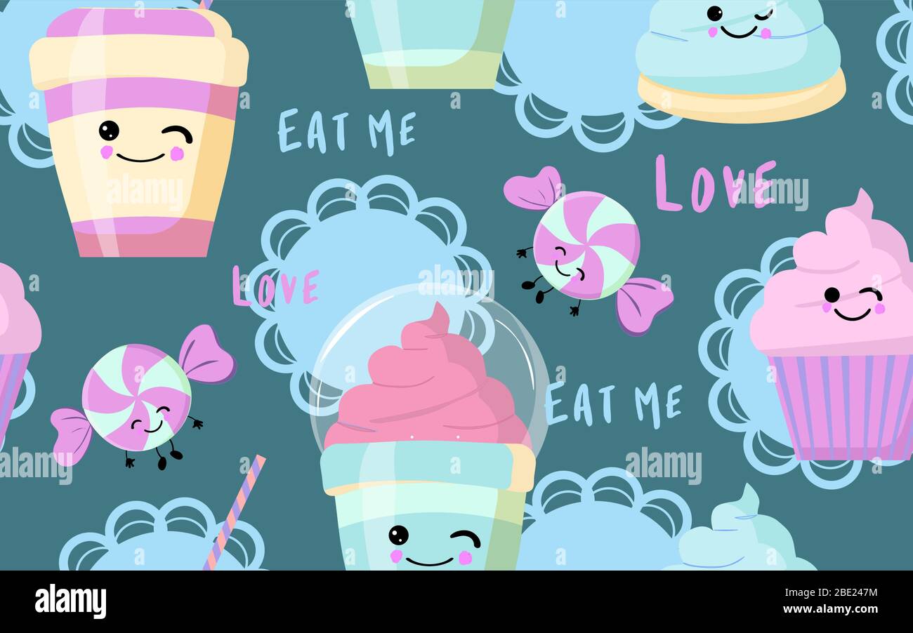 sweets seamless pattern. gentle background with cocktail, cake and cupcakes. Stock Vector