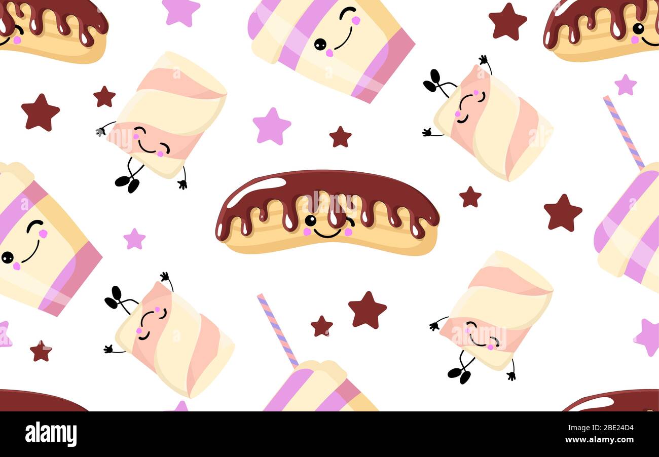 Sweet Desserts Seamless Pattern. eclairs, drinks on a gentle light background. Stock Vector