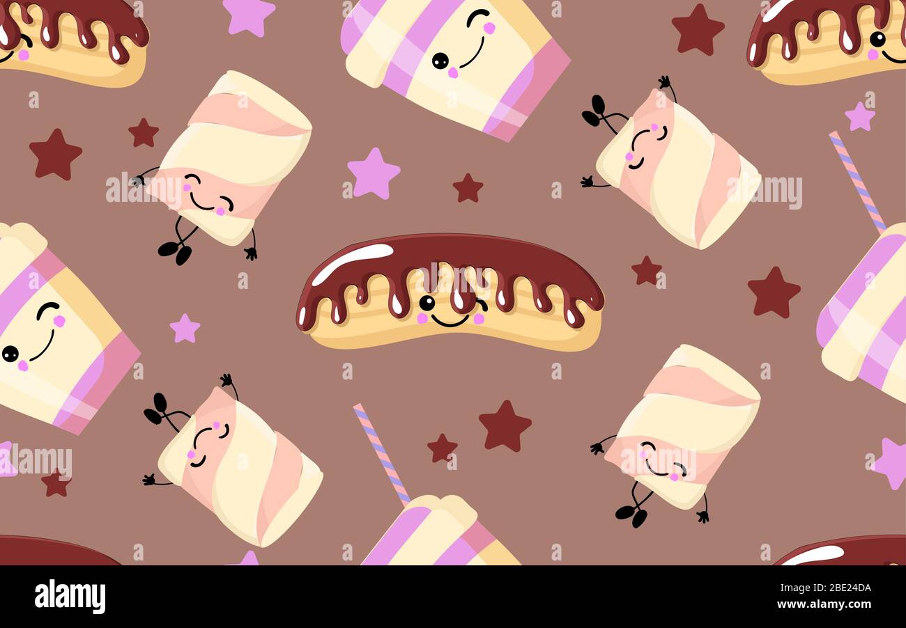 Cute seamless background with eclairs and marshmallows. coffee color. Stock Vector