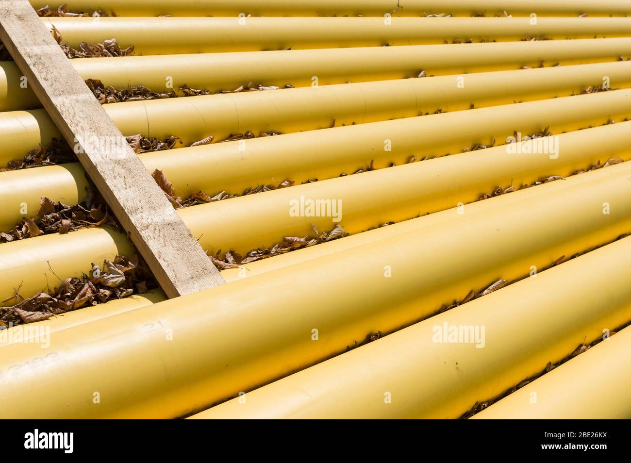 Natural gas pipes and gas pipelines are stacked at a construction site