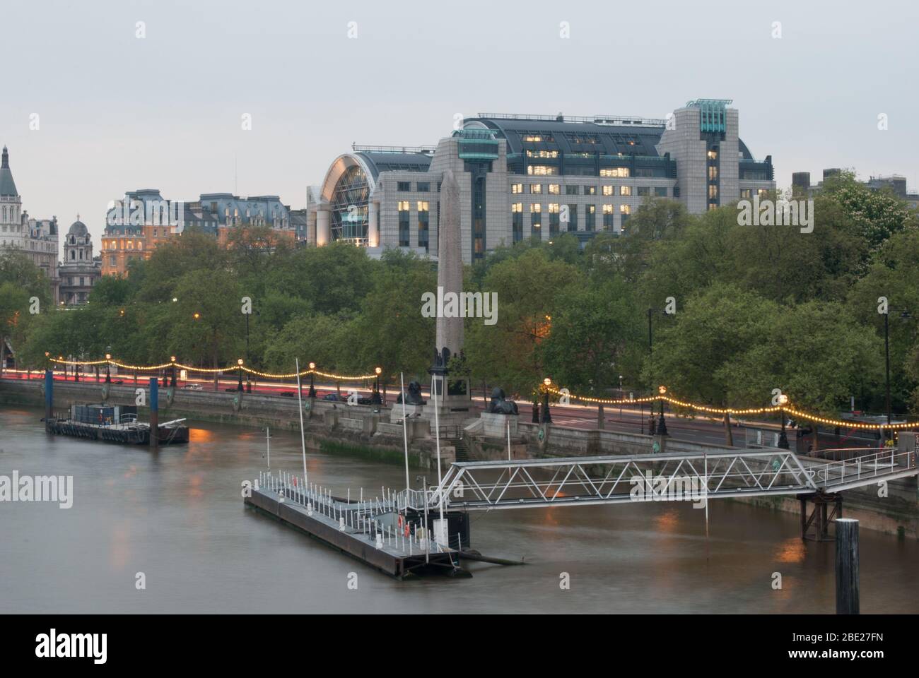 String Lights River Thames Path Cleopatras Needle Victoria Embankment Place Charing Cross Station, London WC2N 5DR by Terry Farrell Stock Photo