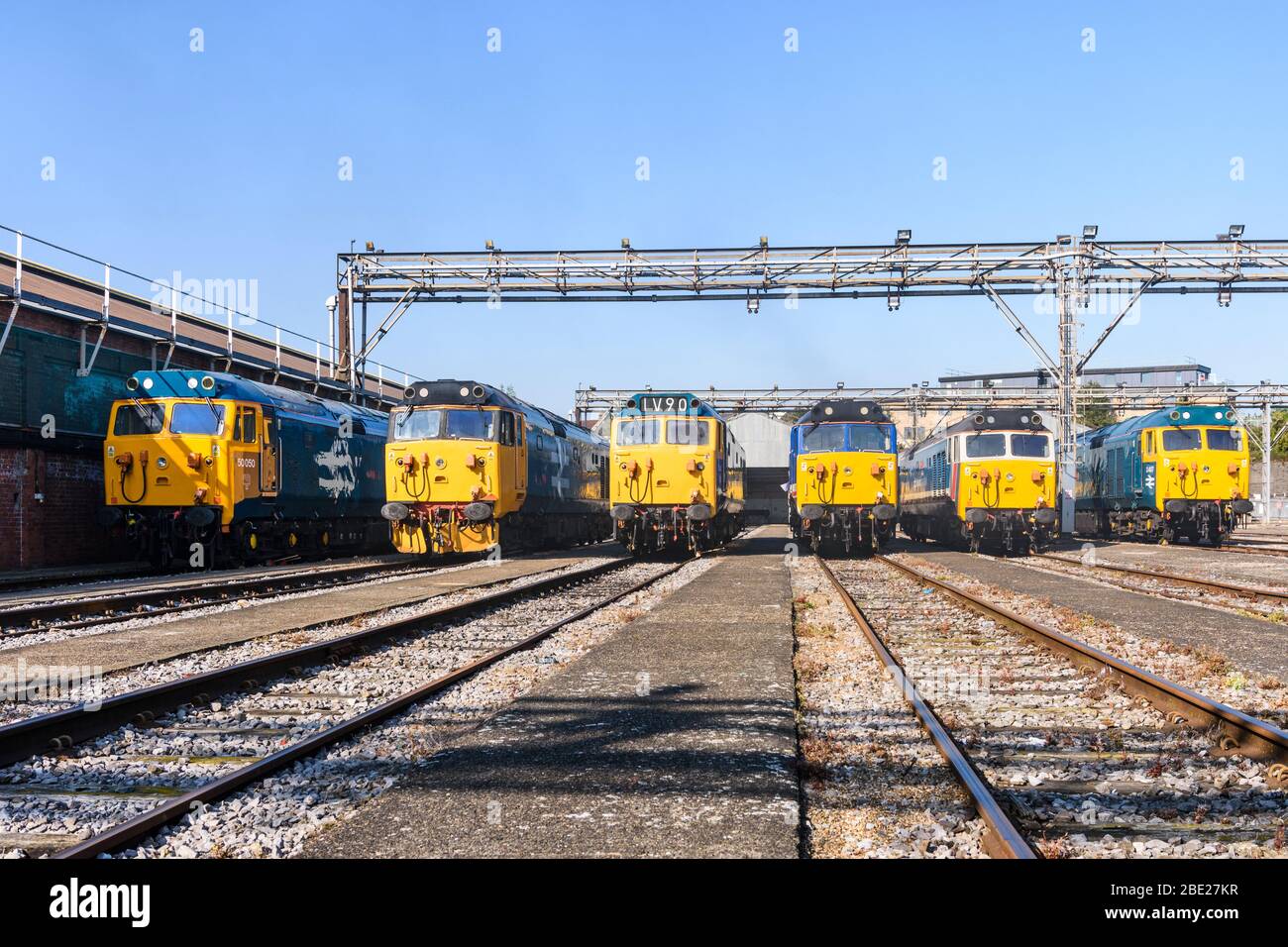 Head on view of 6 Class 50 locos side by side at Old Oak Common Open Day in 2017 Stock Photo