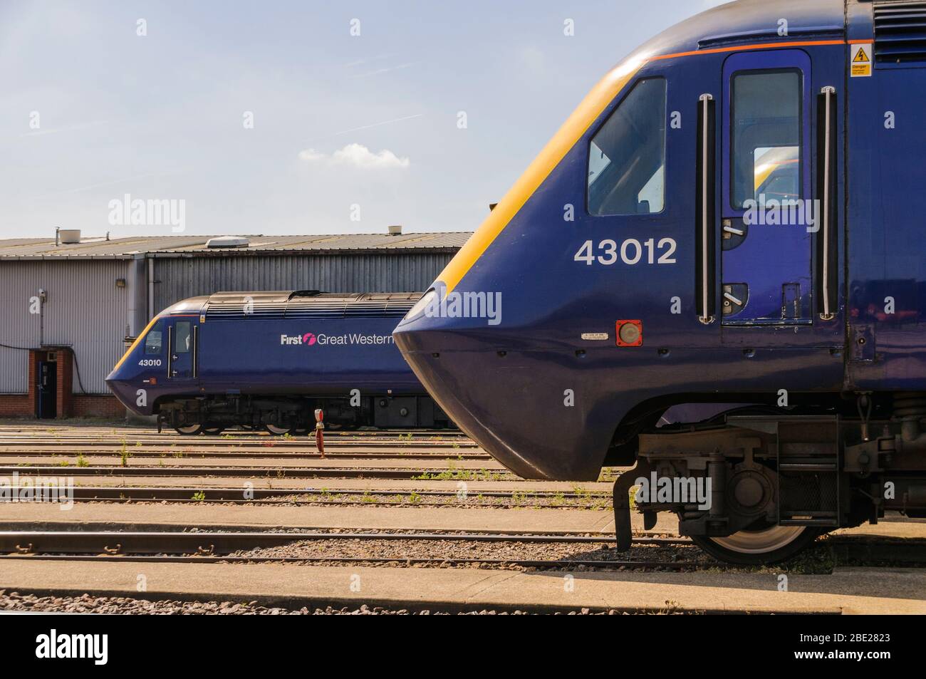2 First Great Western Class 43 HST trains side by side on Old Oak Common Depot Stock Photo