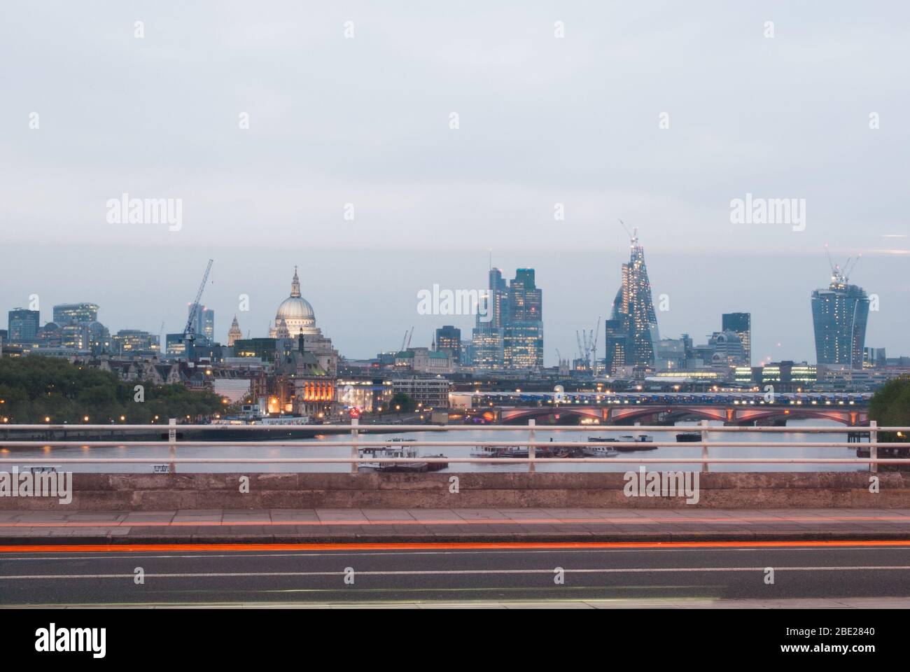 Walkie Talkie Building Gherkin St. Pauls Cathedral Cheesegrater City of London Skyline at Night Dark Twilight Blue Hour Stock Photo