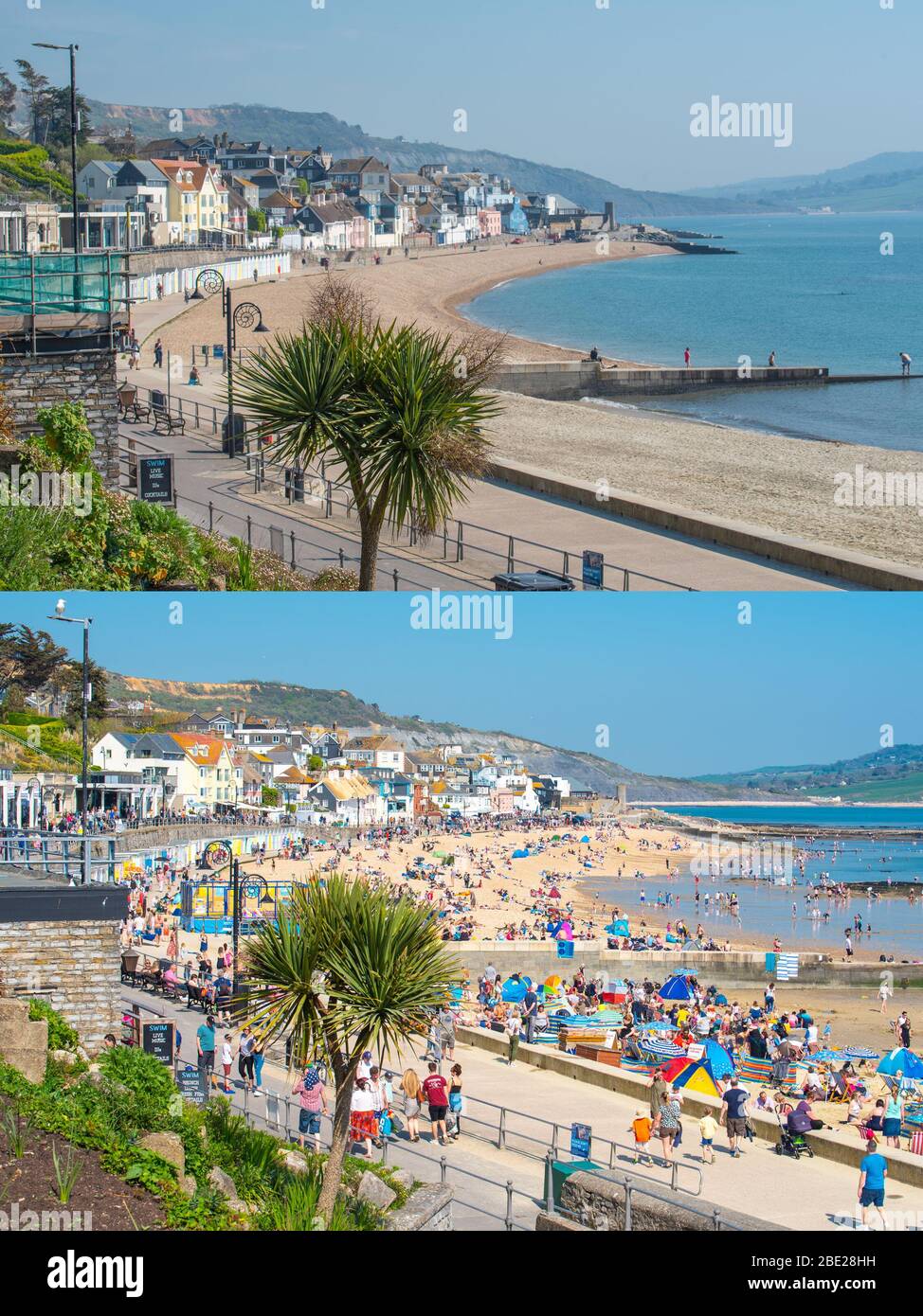 Lyme Regis, Dorset, UK. 11th Apr, 2020. UK Weather: Lyme Regis, Dorset, UK. View of Lyme Regis on a gloriously sunny Easter Saturday 2019 and a similarly beautiful Easter Saturday 2020. The COVID-19 pandemic restrictions are hitting the tourist industry hard in the town and across the South West as visitors and tourists follow Government insturctions to 'stay at home, protect the NHS, and save lives' during coronavirus outbreak. Credit: Celia McMahon/Alamy Live News Stock Photo