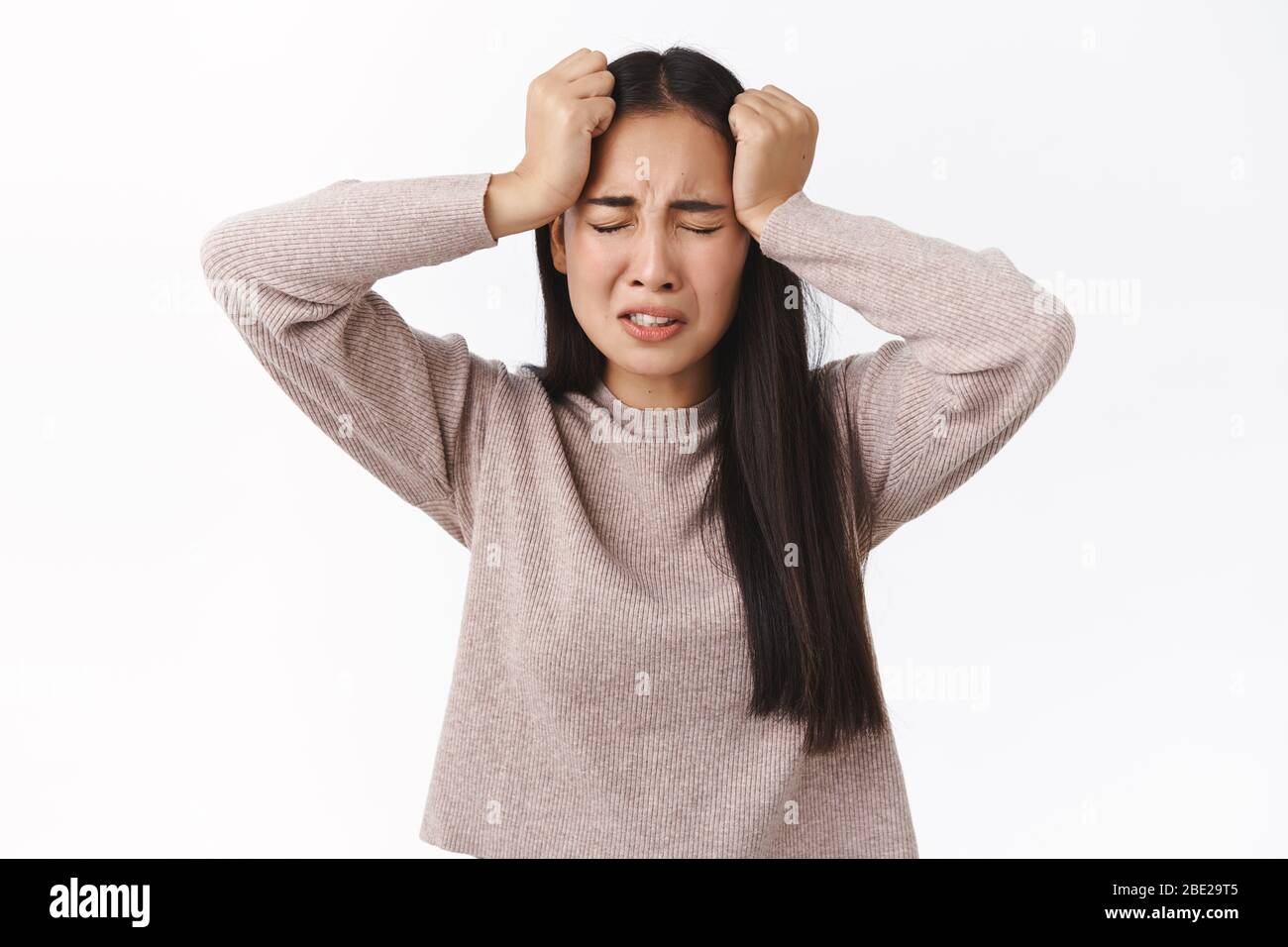 Depression, anxiety or problems concept. Troubled asian girl cant