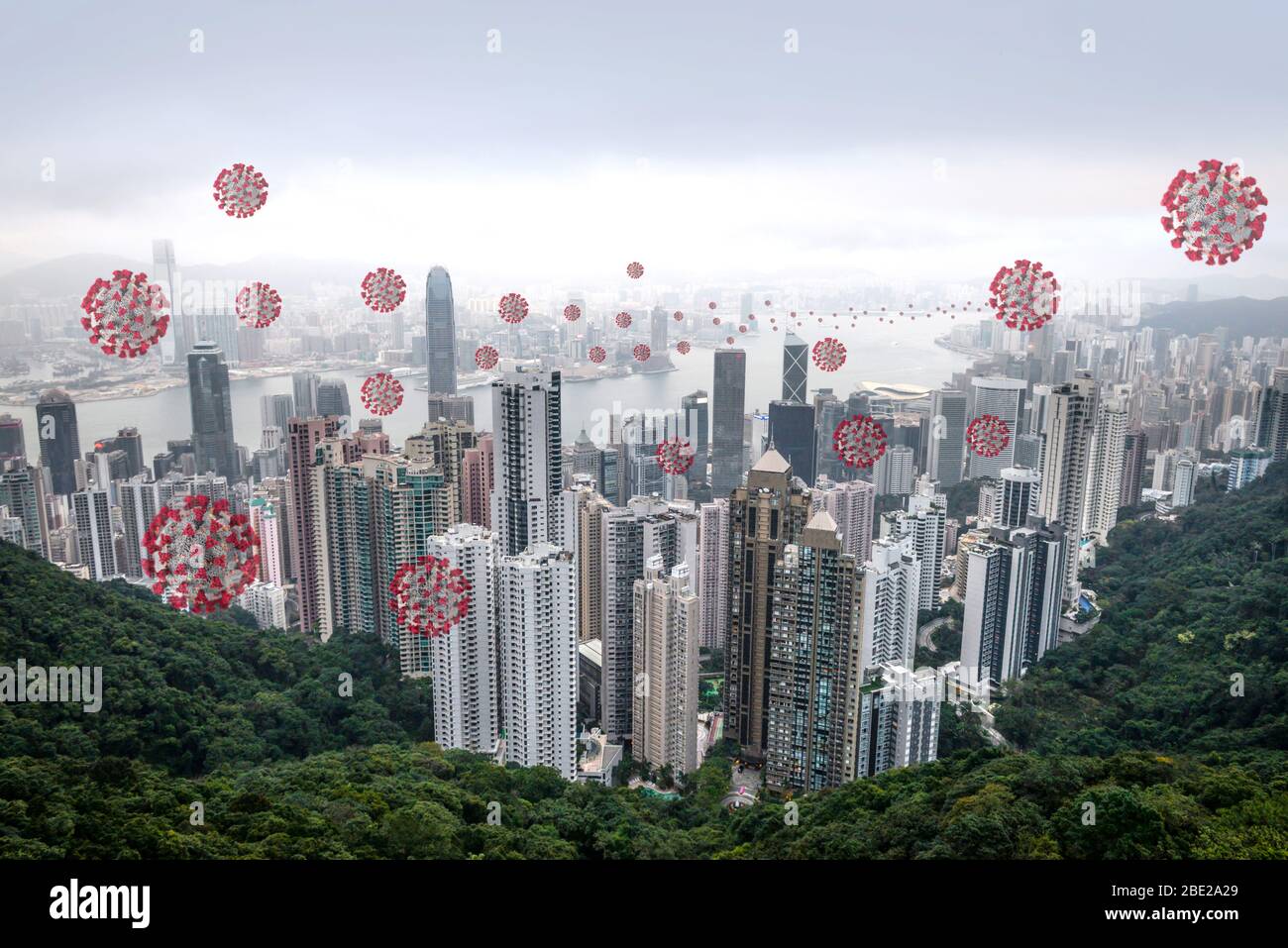 Victoria Peak. Hong Kong. China. View of the bay of Hong Kong besieged by the Coronavirus. Stock Photo