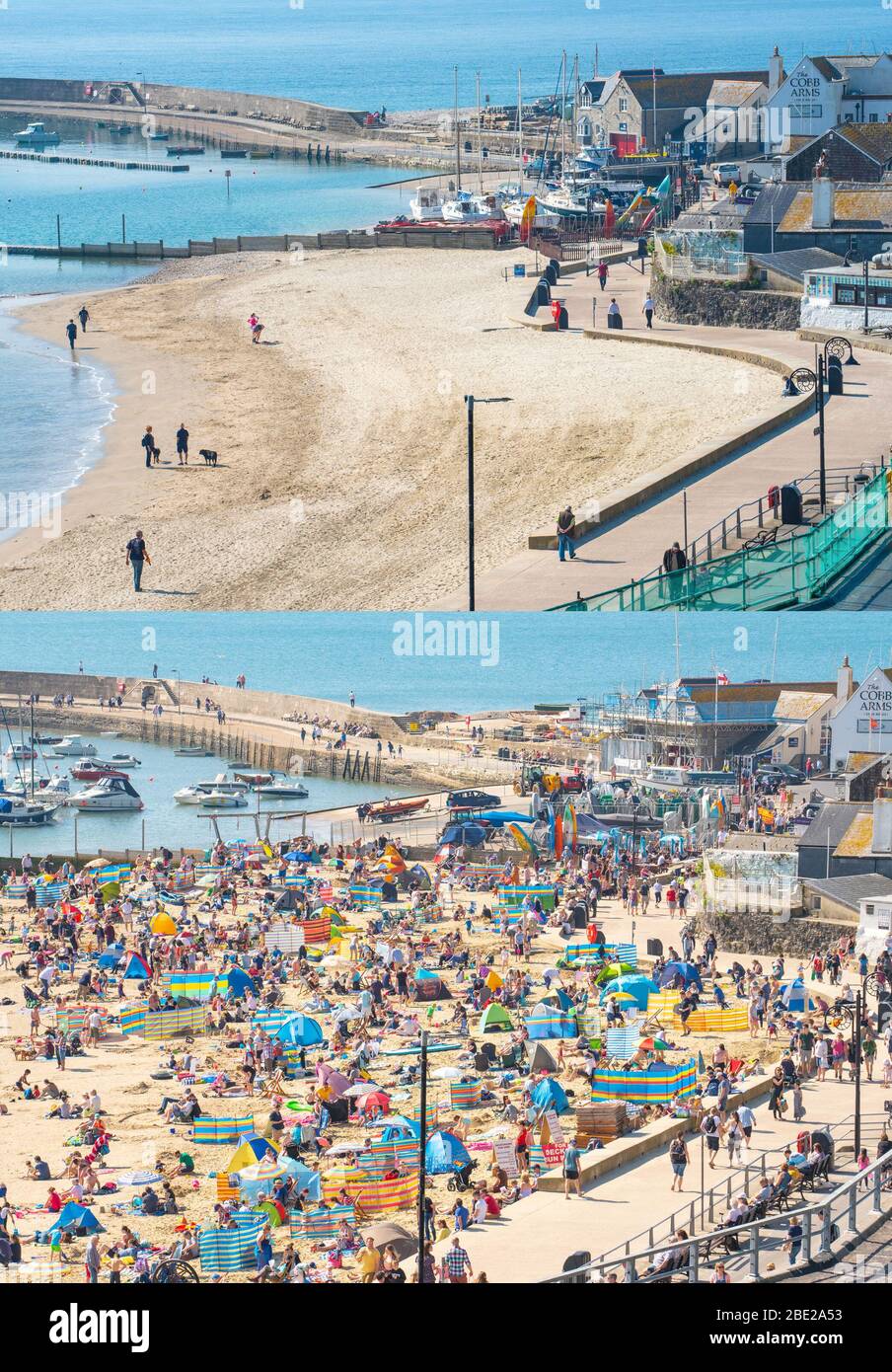 Lyme Regis, Dorset, UK. 11th Apr, 2020. UK Weather: Lyme Regis, Dorset, UK. View of Lyme Regis on a gloriously sunny Easter Saturday 2019 and a similarly beautiful Easter Saturday 2020. The COVID-19 pandemic restrictions are hitting the tourist industry hard in the town and across the South West as visitors and tourists follow Government insturctions to 'stay at home, protect the NHS, and save lives' during coronavirus outbreak. Credit: Celia McMahon/Alamy Live News Stock Photo