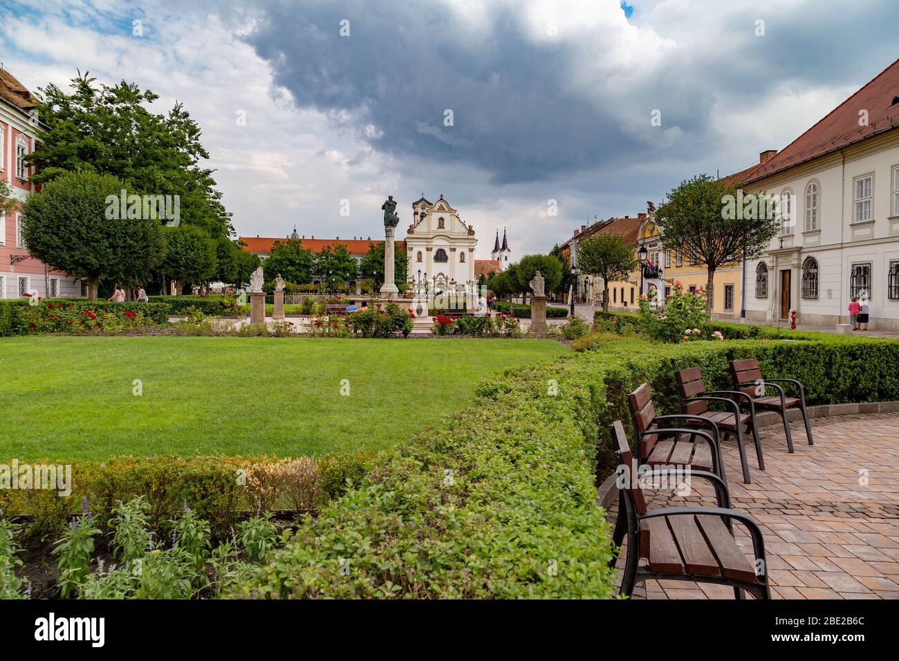 View of the main square (Marcius 15) in Vac dominated by the White Church,and the Town Hall, Hungarian baroque architecture.Hungary.Europe. Stock Photo