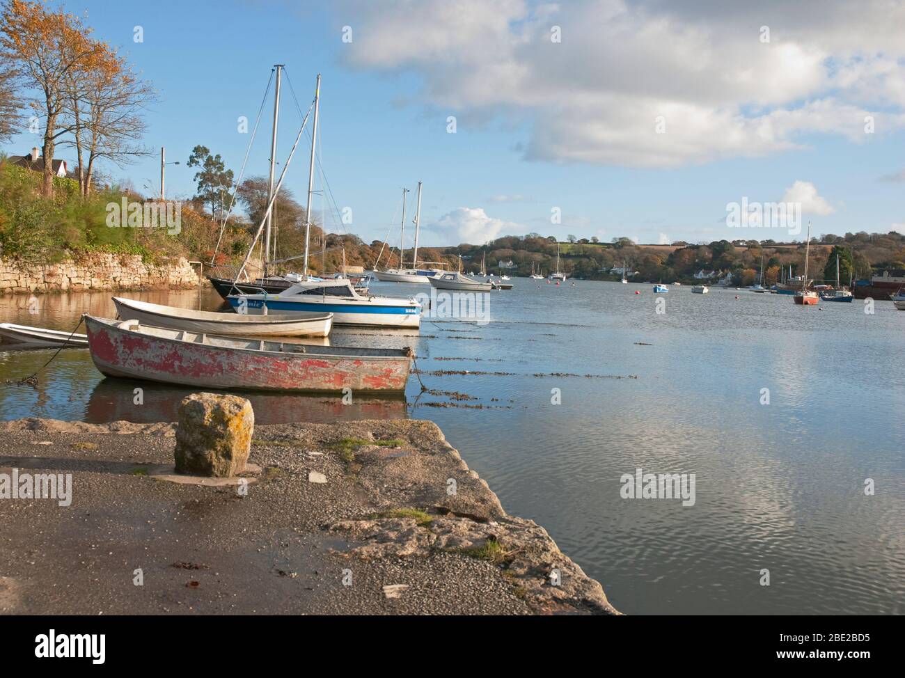 Boats moored on the River Fal estuary at Mylor Creek, Carrick Roads