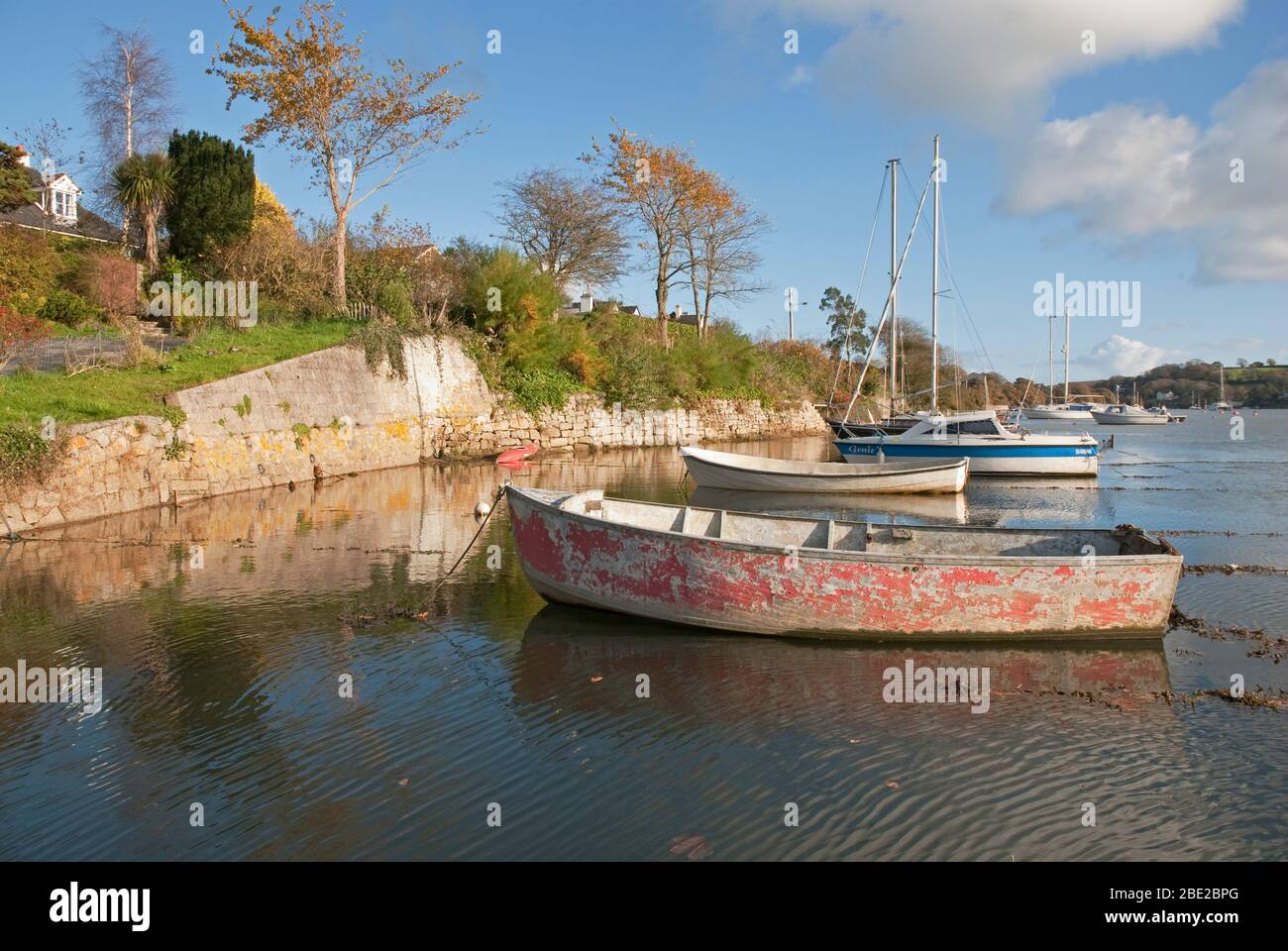 Boats moored on the River Fal estuary at Mylor Creek, Carrick Roads
