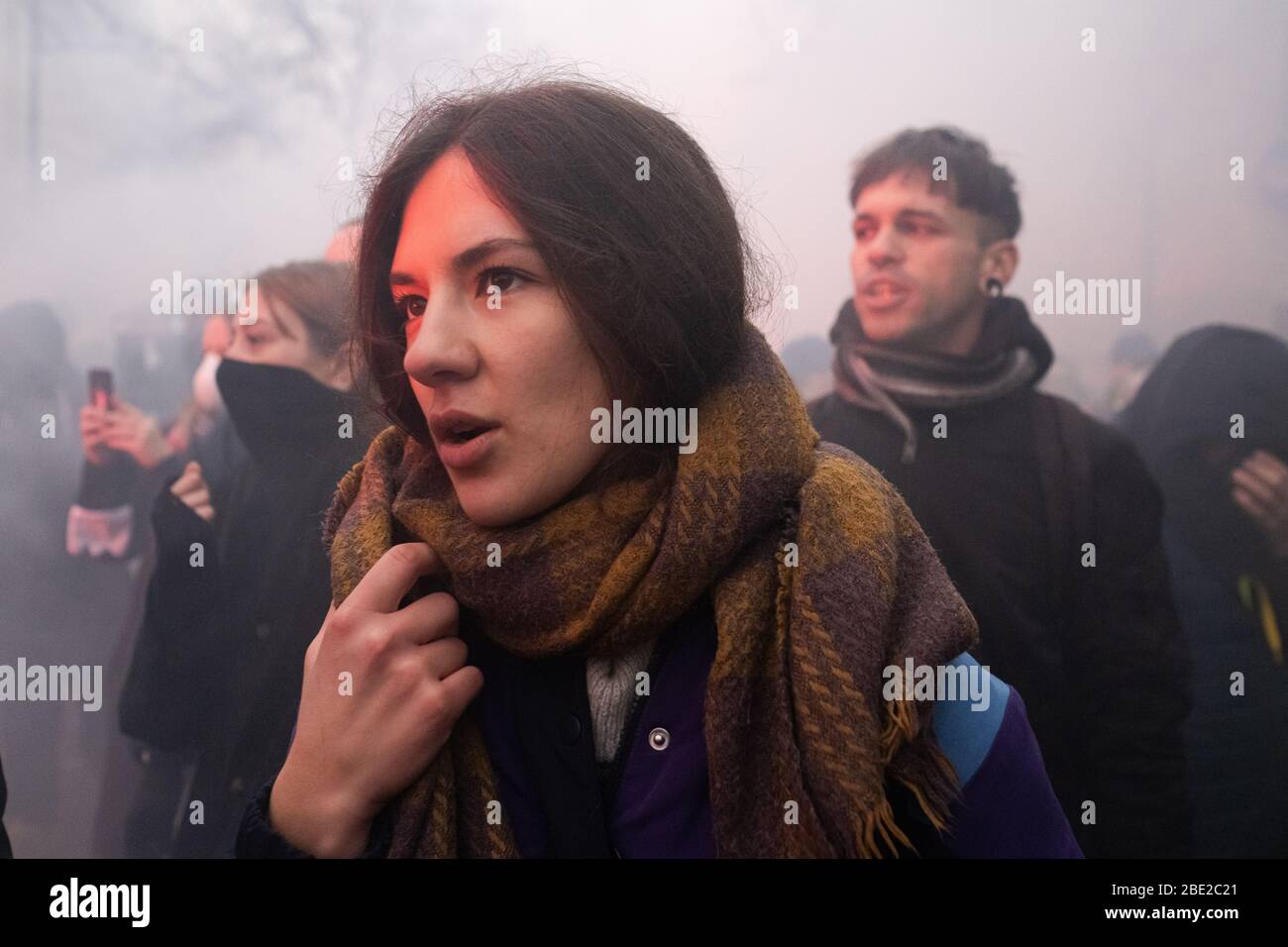 A young female protestor during the Paris General Strike Stock Photo