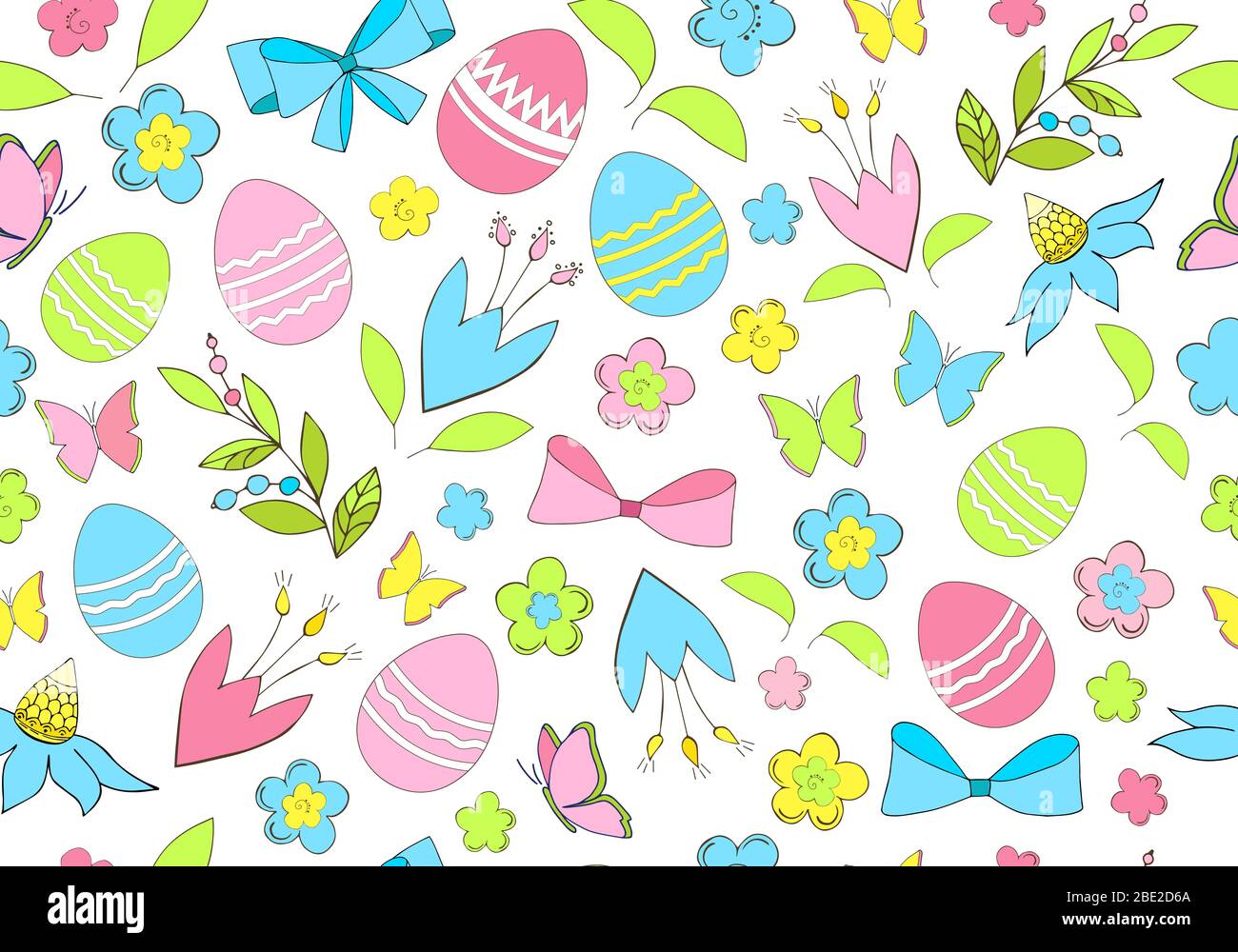 Happy Easter. Modern childish cute hand drawn vector seamless pattern in positive spring colors. Endless texture with flowers, leaves, decorated Stock Vector