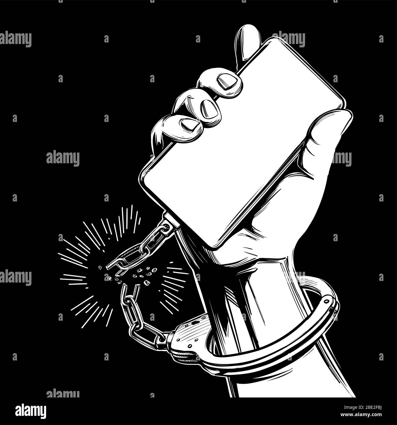 hand handcuffed to a smartphone with a broken chain, release from