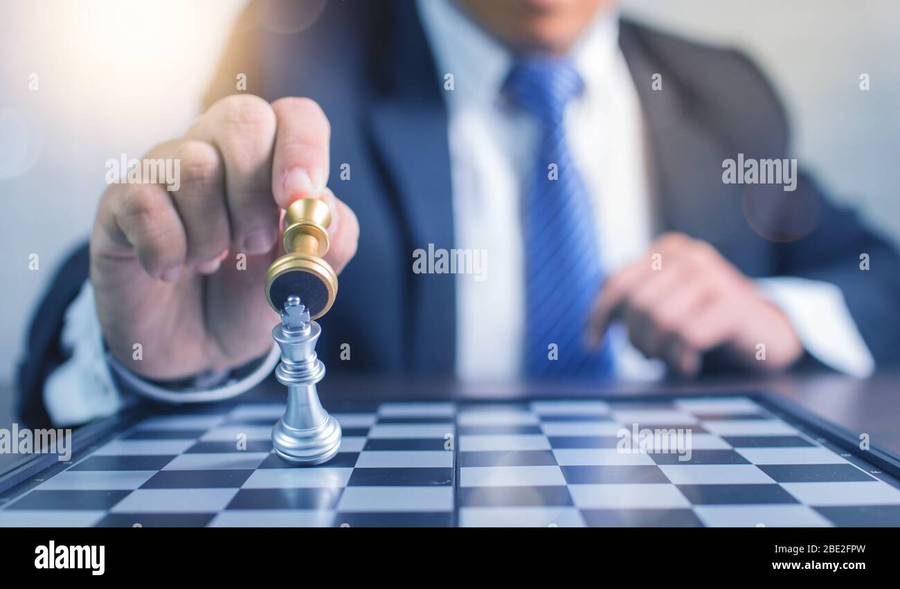 Businessman`s Hand Playing Chess Game To Development Analysis Ne Stock  Photo - Image of competition, business: 123928716