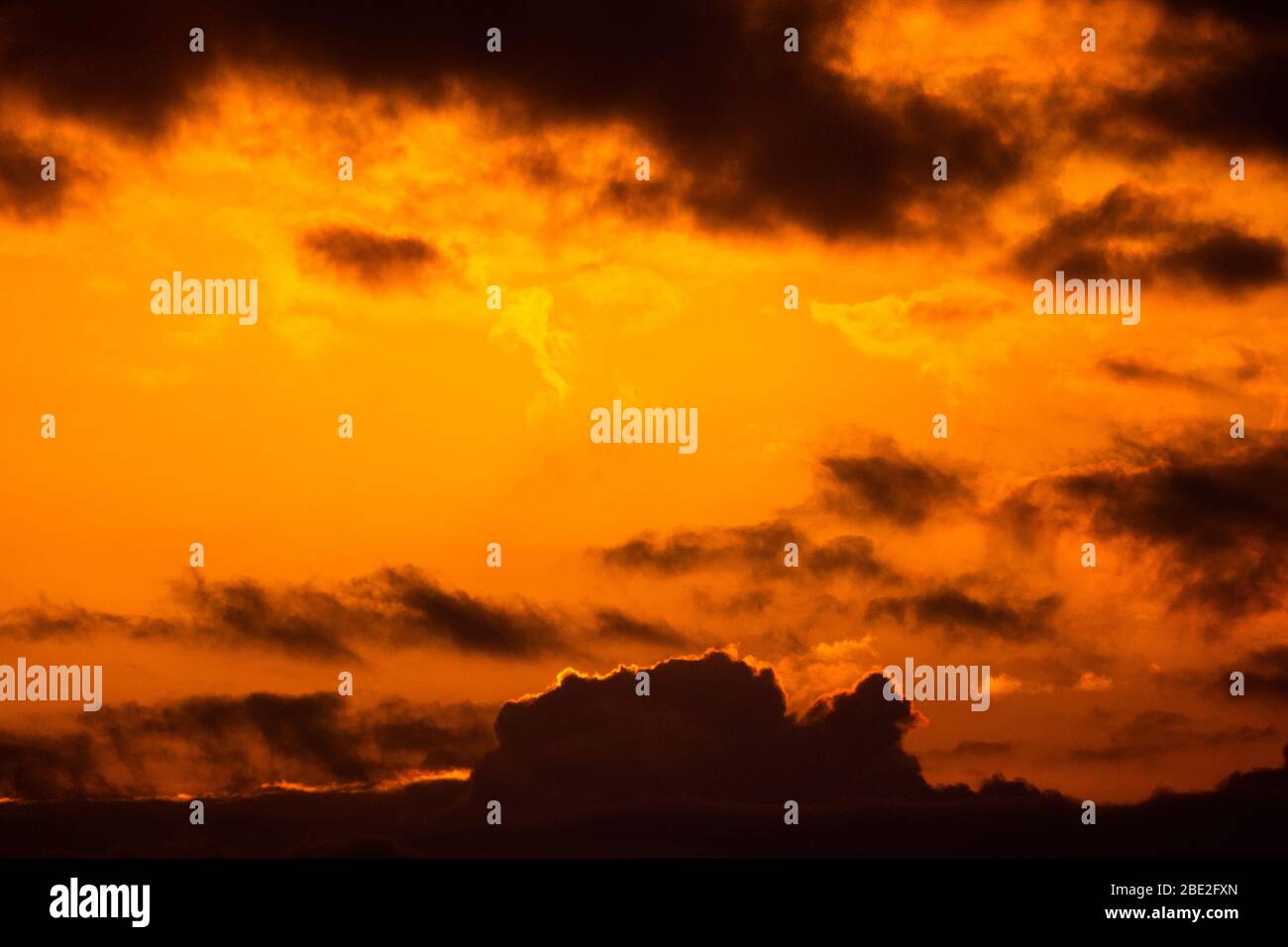 Beautiful sunset with different orange and yellow clouds in the golden ...