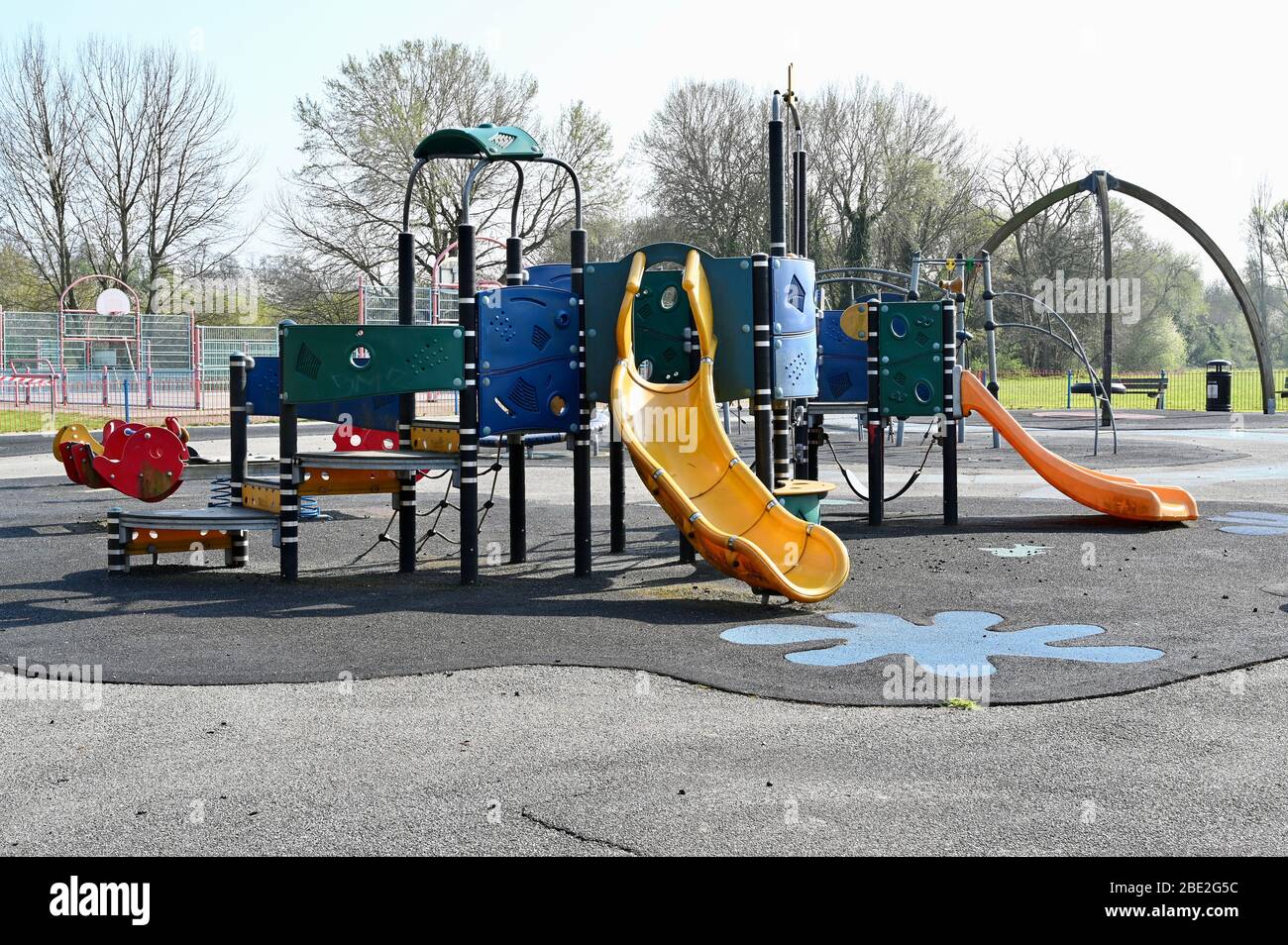 Playgrounds in the London Borough of Bexley stayed closed over Easter due to the Coronavirus Epidemic. Foots Cray Meadows, Sidcup, Kent. UK Stock Photo