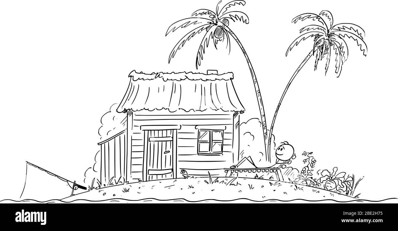 Vector cartoon stick figure drawing conceptual illustration of happy man enjoying living alone on small tropical island. Stock Vector