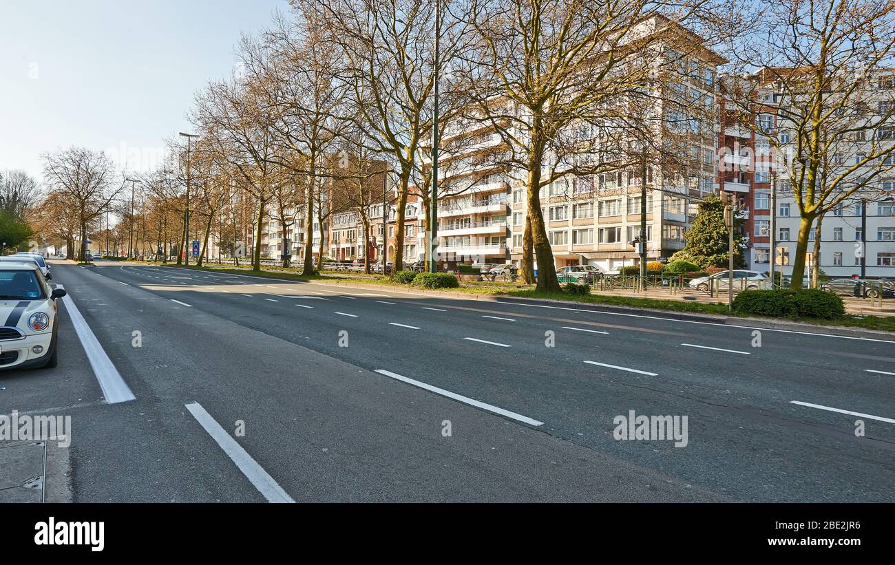 Brussels, Belgium - April 05, 2020: The Reyers Boulevard at Brussels without any people and car during the confinement period. Stock Photo