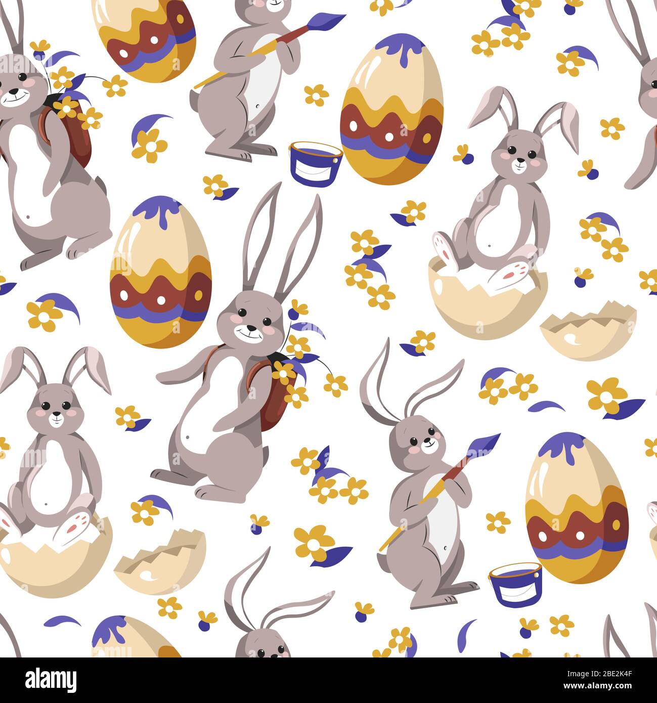 Eater bunny painting egg, rabbit with paintbrush seamless pattern Stock Vector