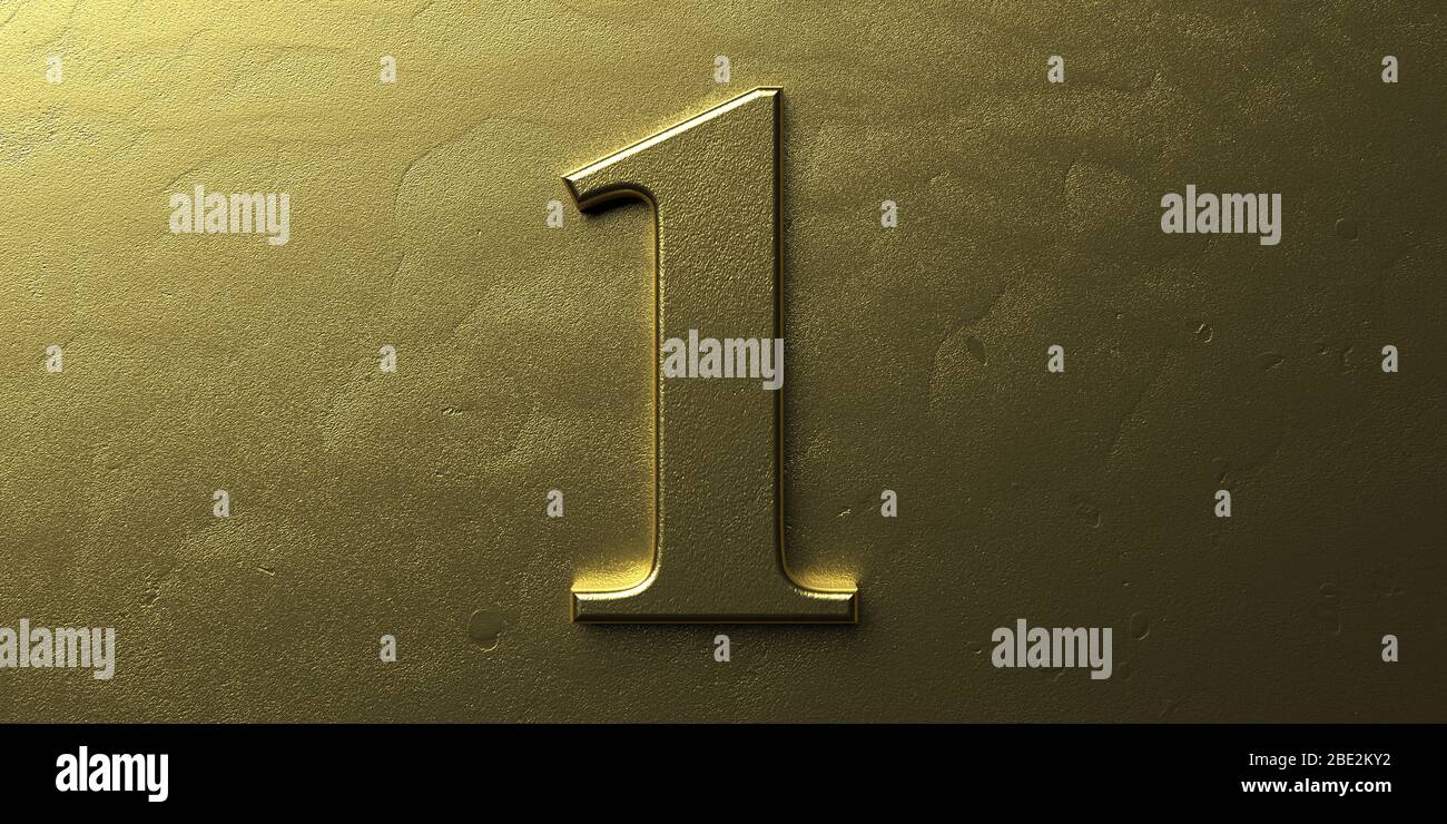 Number one. Gold color glossy digit 1 on golden metal luxury background. Font for anniversary, party celebration. 3d illustration Stock Photo