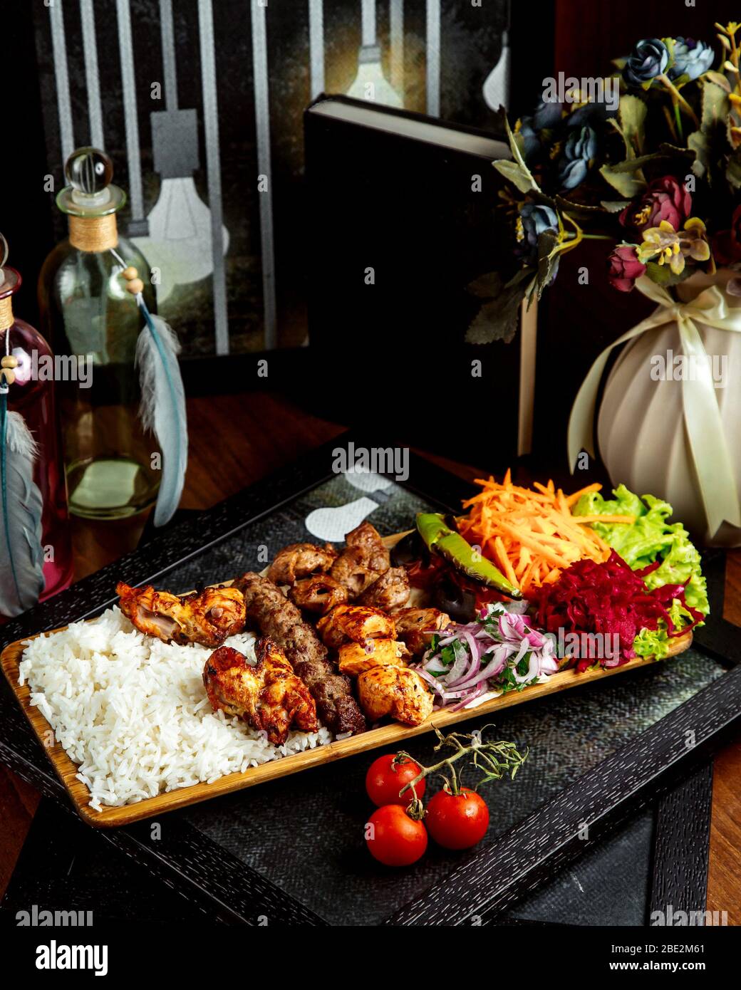 Mixed Rice Kebab various kebab with rice and vegetables Stock Photo - Alamy