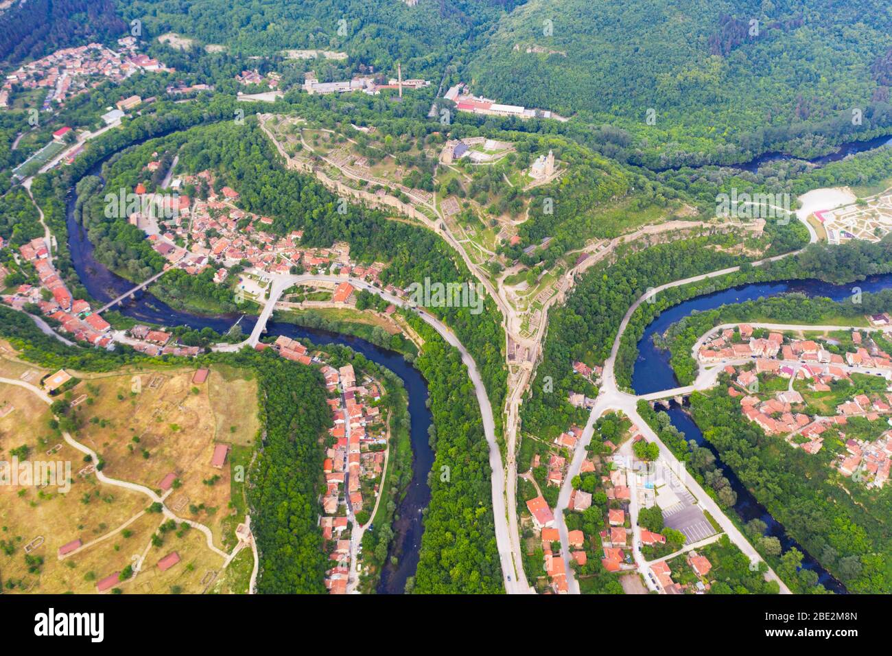 Europe, Bulgaria, Veliko Tarnovo, aerial view of Tsarevets fortress Stock Photo