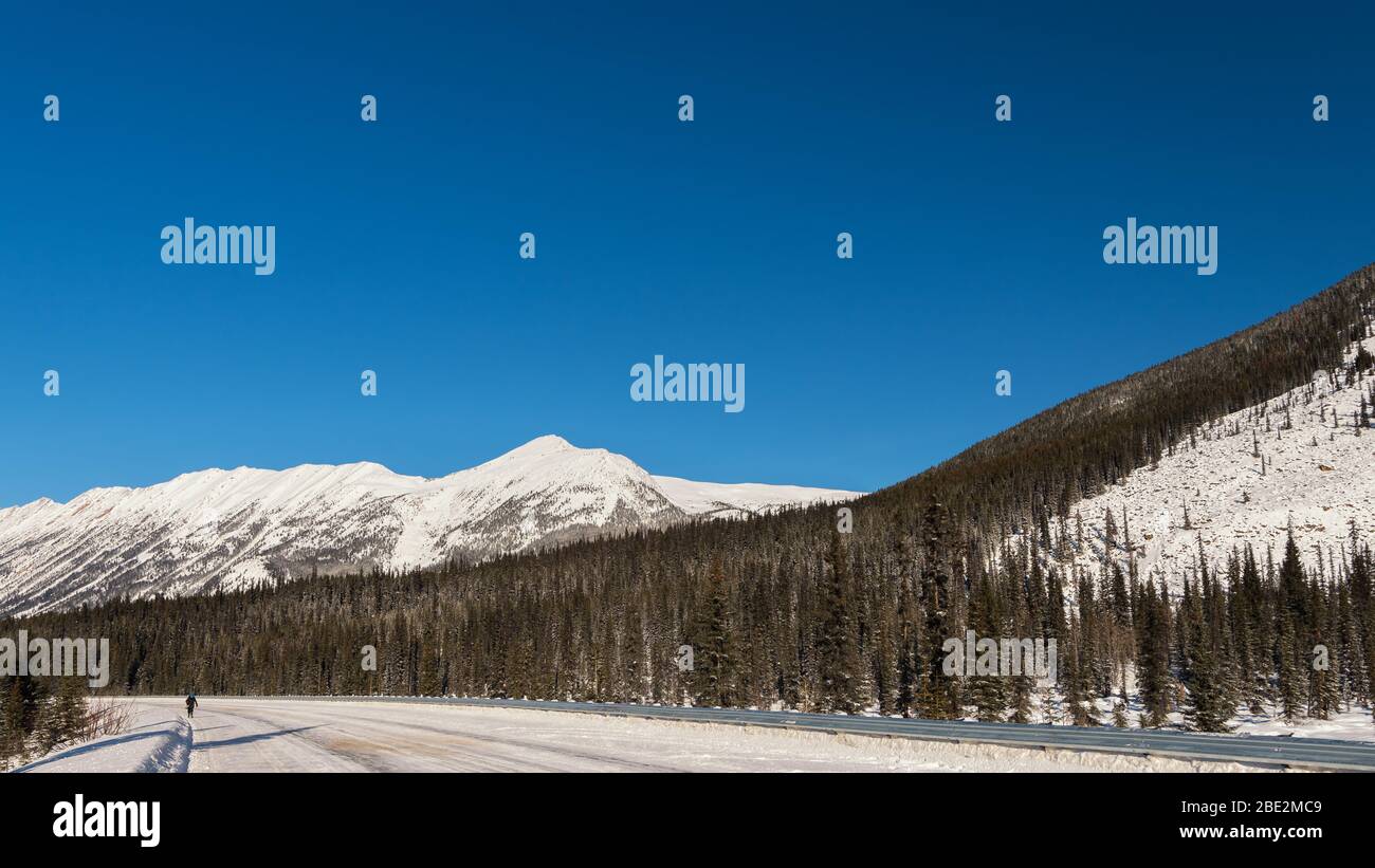 Snow covered Trans-Canadian Highway 93 between Banff and Jasper, Alberta, Canada Stock Photo