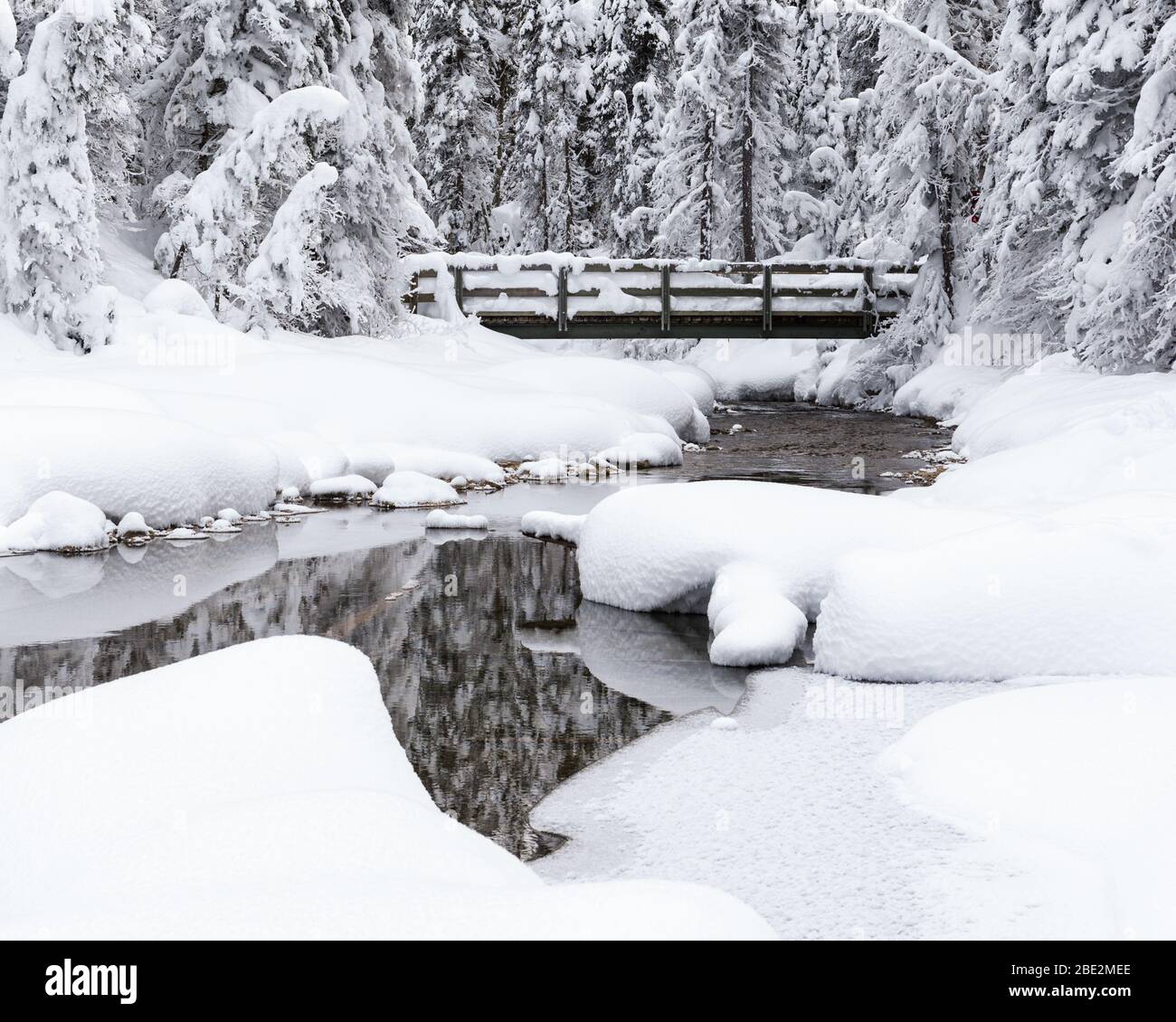 Wooden foot bridge over a stream running into Emerald lake during winter, Yoho National Park, Canadian Rockies, British Columbia, Canada Stock Photo