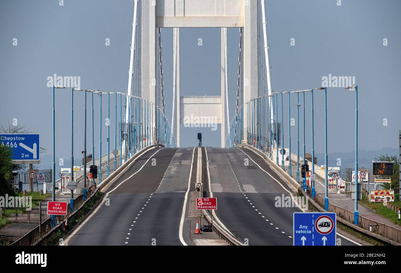 A deserted Severn Bridge linking England and Wales usually busy over a Bank Holiday, as the government restrictions continue to contain coronavirus. Stock Photo