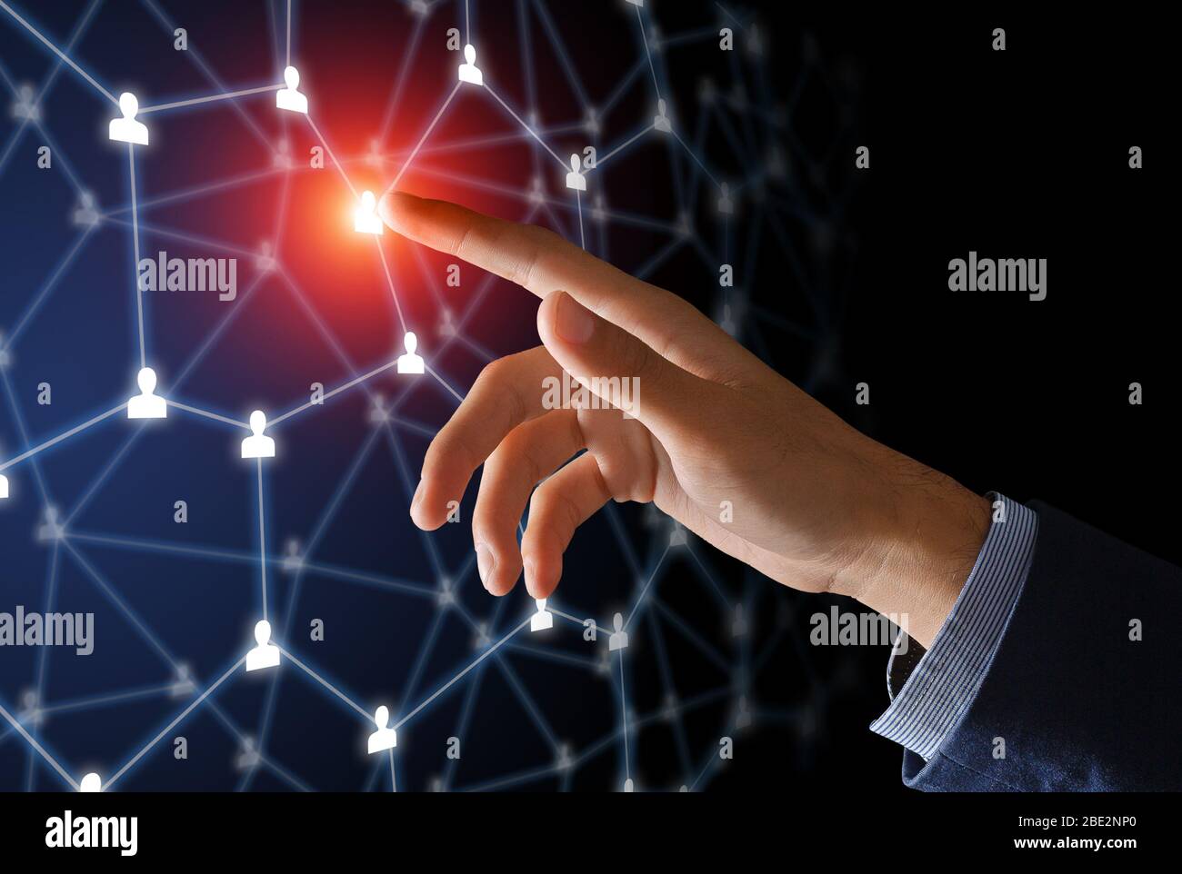 Connection between people. Hand presses abstract button Stock Photo