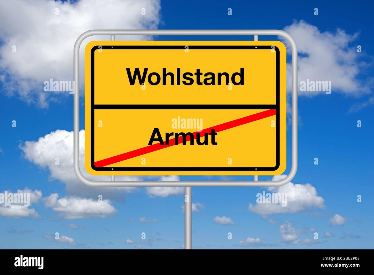 Ortschild, Ortstafel, Ortsausgangsschild, Wohlstand, Armut, Stock Photo