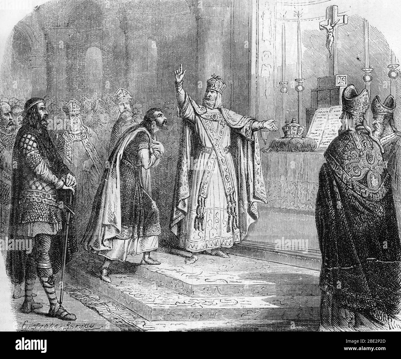 'L'empereur Charlemagne (747-814) designe son successeur, son fils Louis d'Aquitaine (Louis Ier le Pieux ou le Debonnaire, 778-840). Aix la Chapelle, Stock Photo