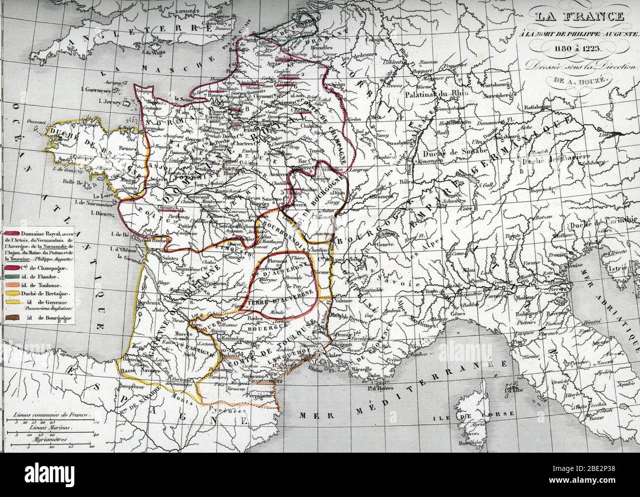 Carte historique de la France au moment de la mort de Philippe II Auguste, 1223 (Map of France at the times of King Philip II of France death, 1223) E Stock Photo