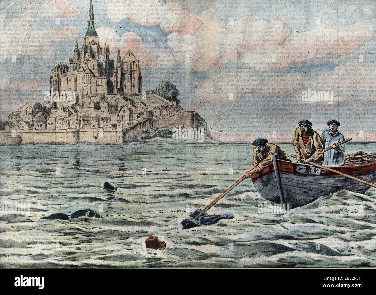 "Fait divers : les corps de deux touristes surpris par la maree au Mont saint Michel sont retrouves, Normandie" (Rescuers found the bodies of two drow Stock Photo