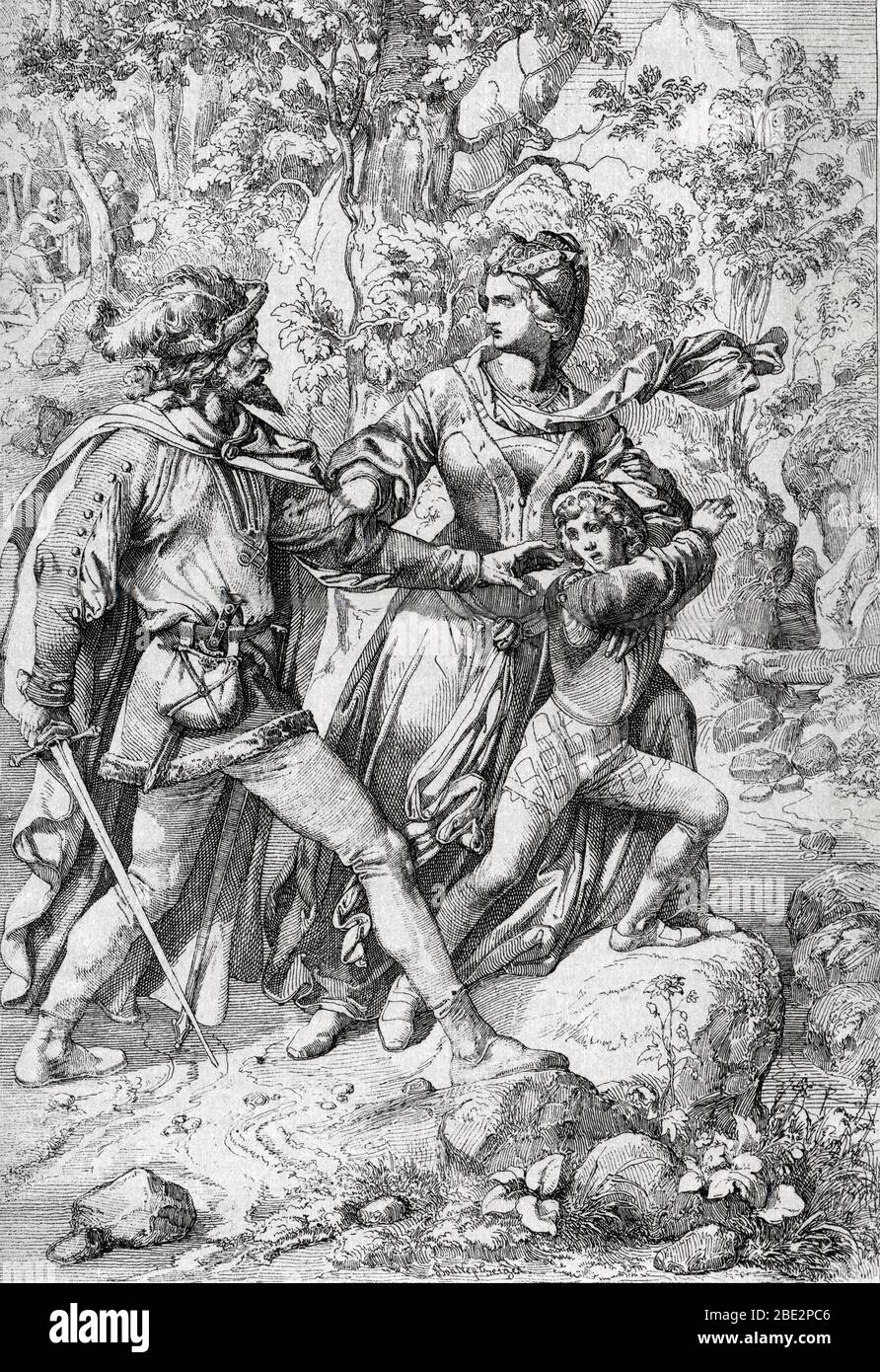 'La reine d'Angleterre Marguerite d'Anjou (1430-1482) et son fils Edouard sauves par un bandit lors de leur exil apres la victoire des York, 1463' (Ma Stock Photo