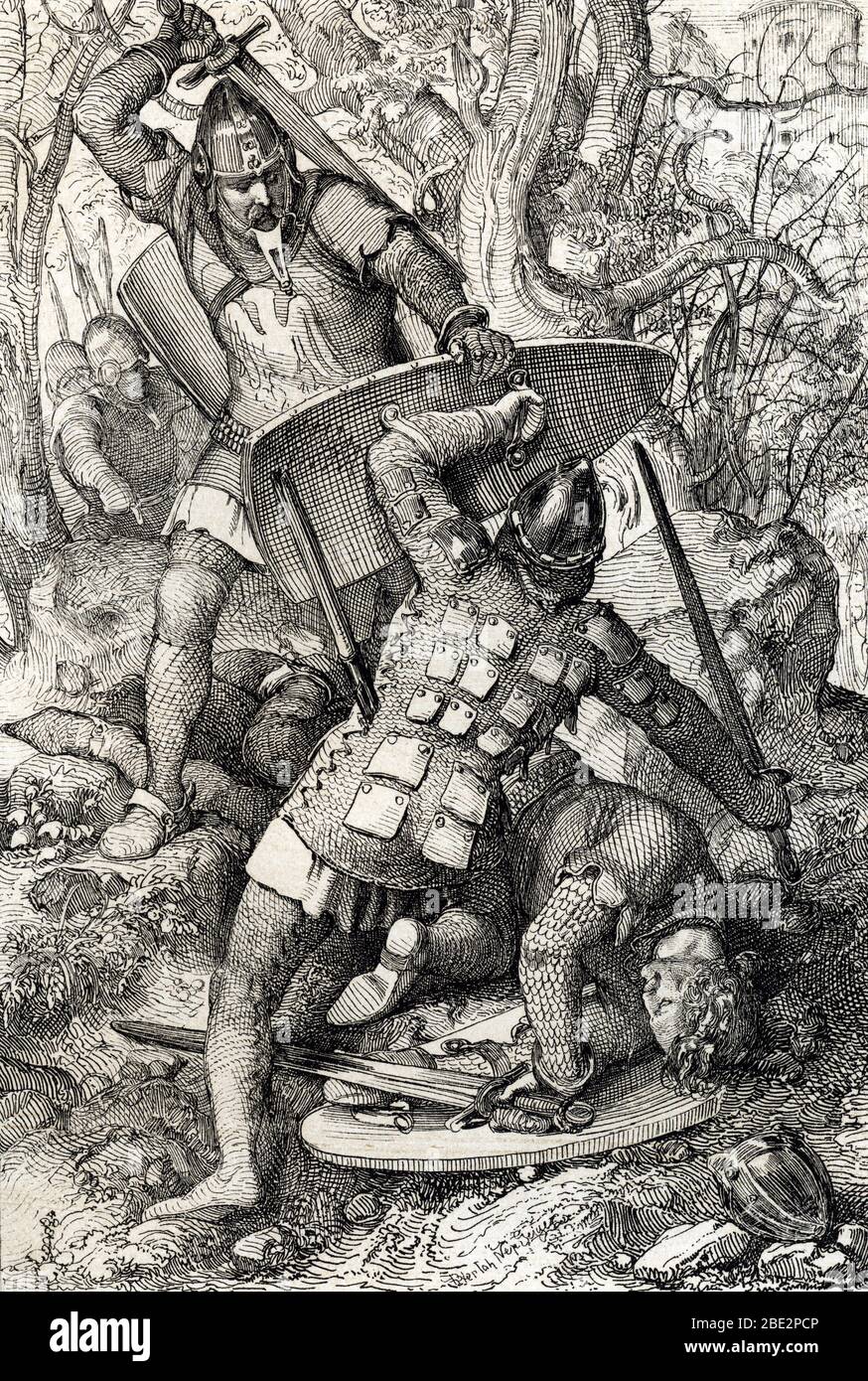 'La mort d'Ernest II de Souabe (1010-1030) lors d'une bataille contre l'eveque de Constance, Allemagne' (The death of Ernest II, Duke of Swabia in Con Stock Photo