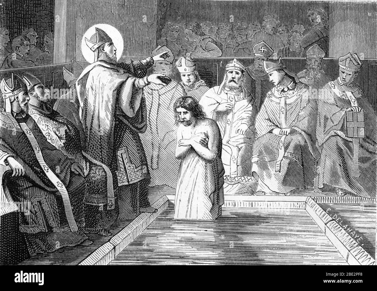 Le bapteme du roi des Francs Clovis Ier (466-511) a Reims par l'eveque Saint Remi le 25/12/496 (ou 499) (Saint Remigius baptizes Clovis in Rheims) Eng Stock Photo