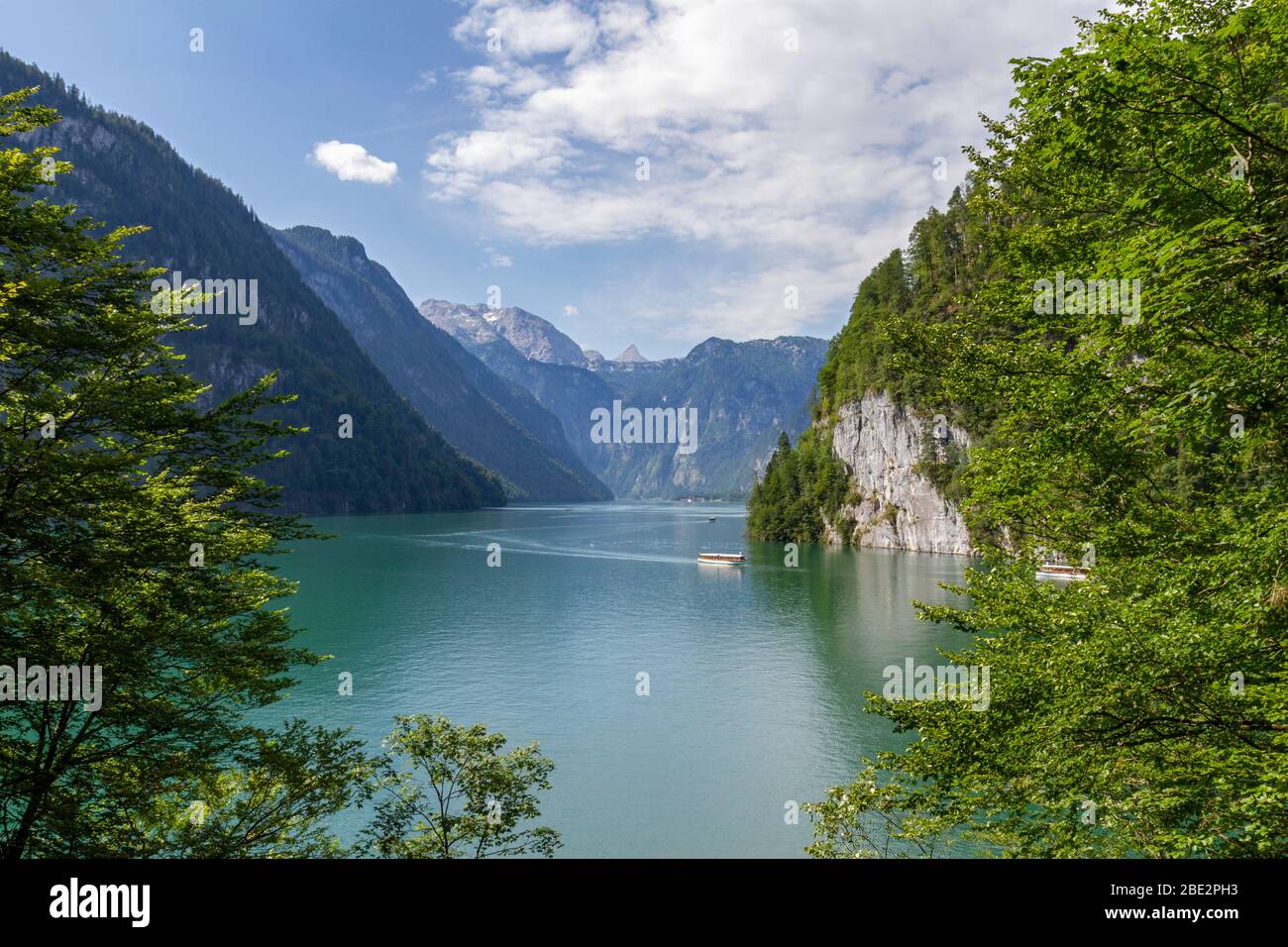 View looking along Königssee, a natural lake in Berchtesgaden, Bavaria ...
